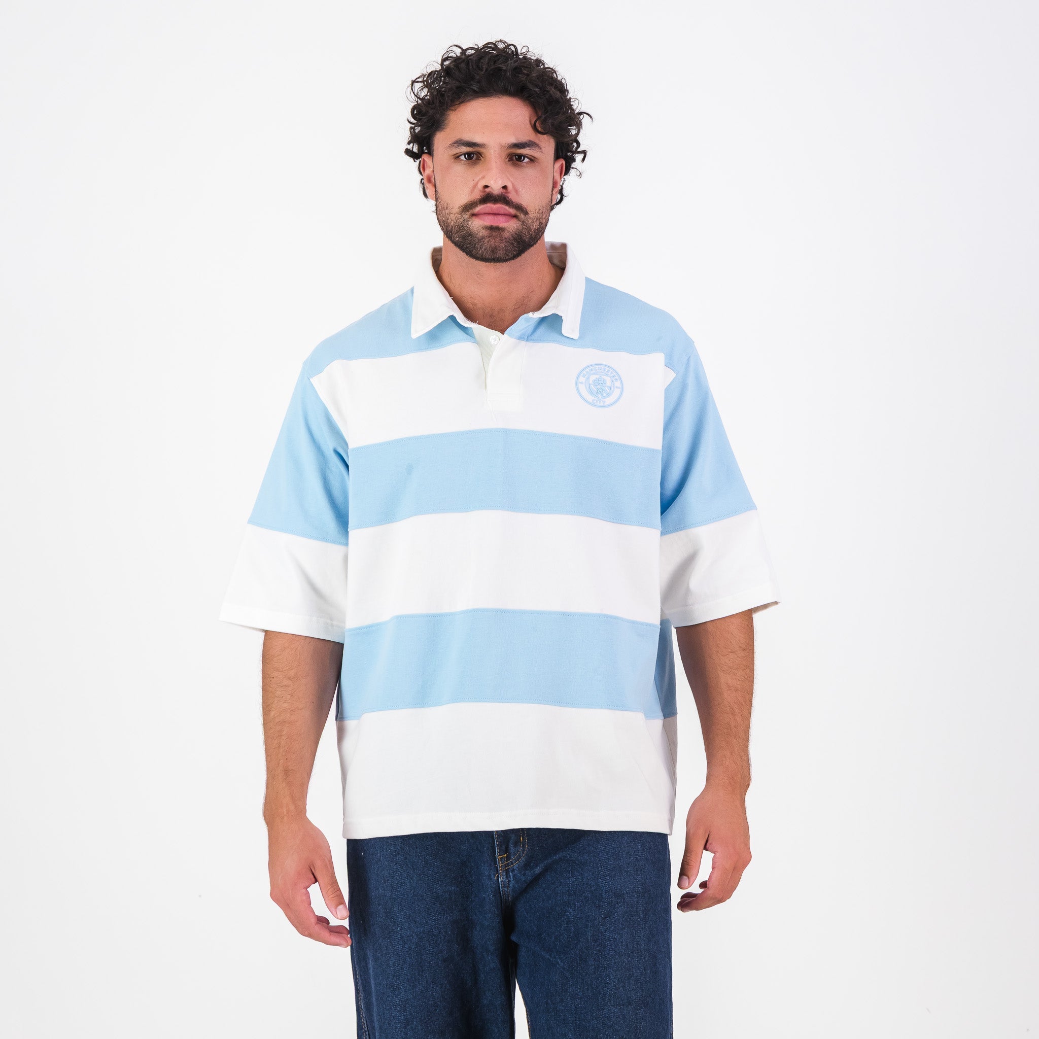 Manchester City Stripe Rugby Polo - Sky Blue - Old School