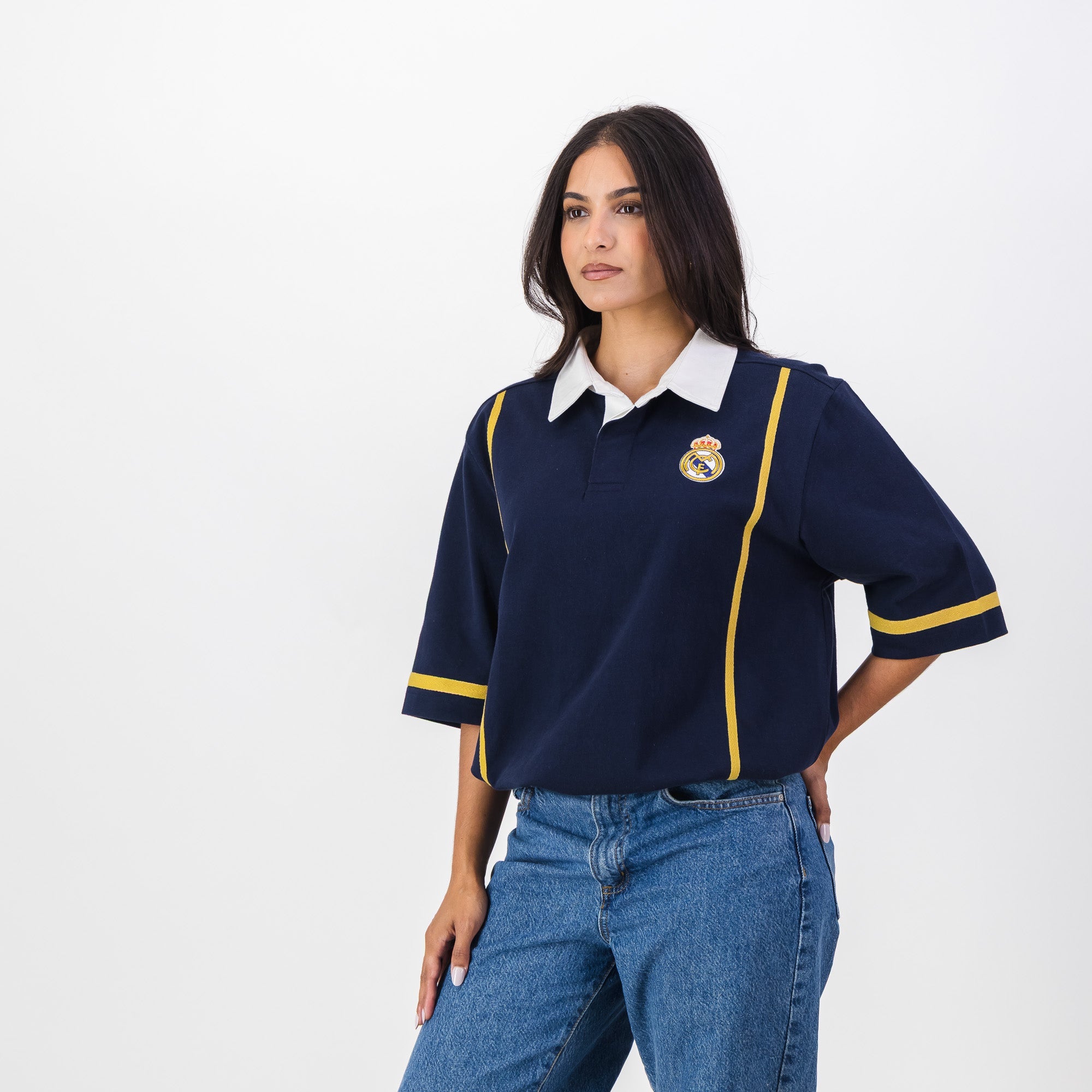 Real Madrid Twill Tape Detail SS Rugby Polo - Navy - Old School
