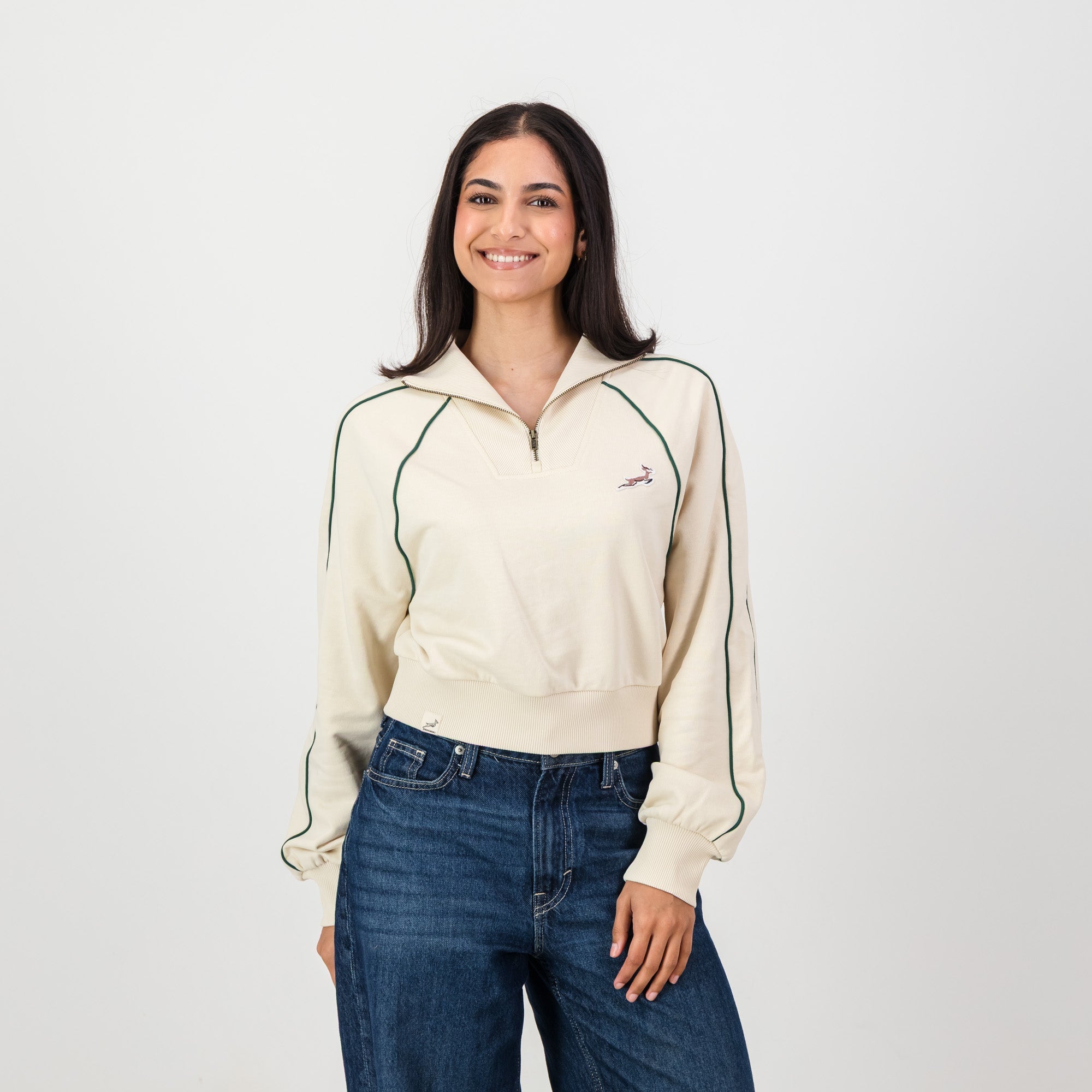 Springboks Ladies Piped Zip Through Sweat - Ivory - Old School