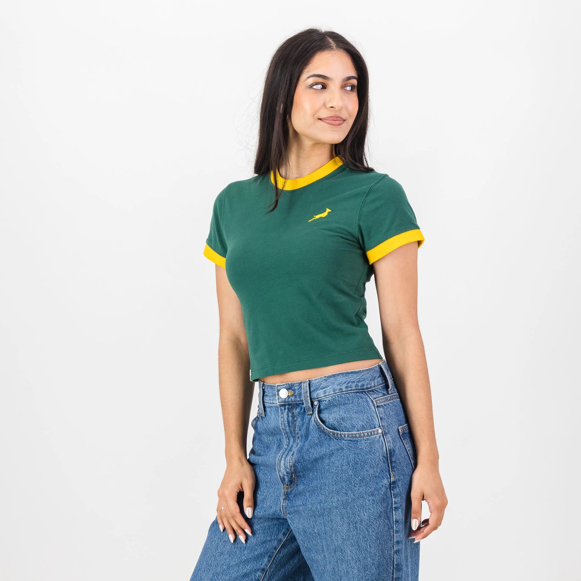 Springboks Ringer Crop Crew Tee - OS Green - Old School