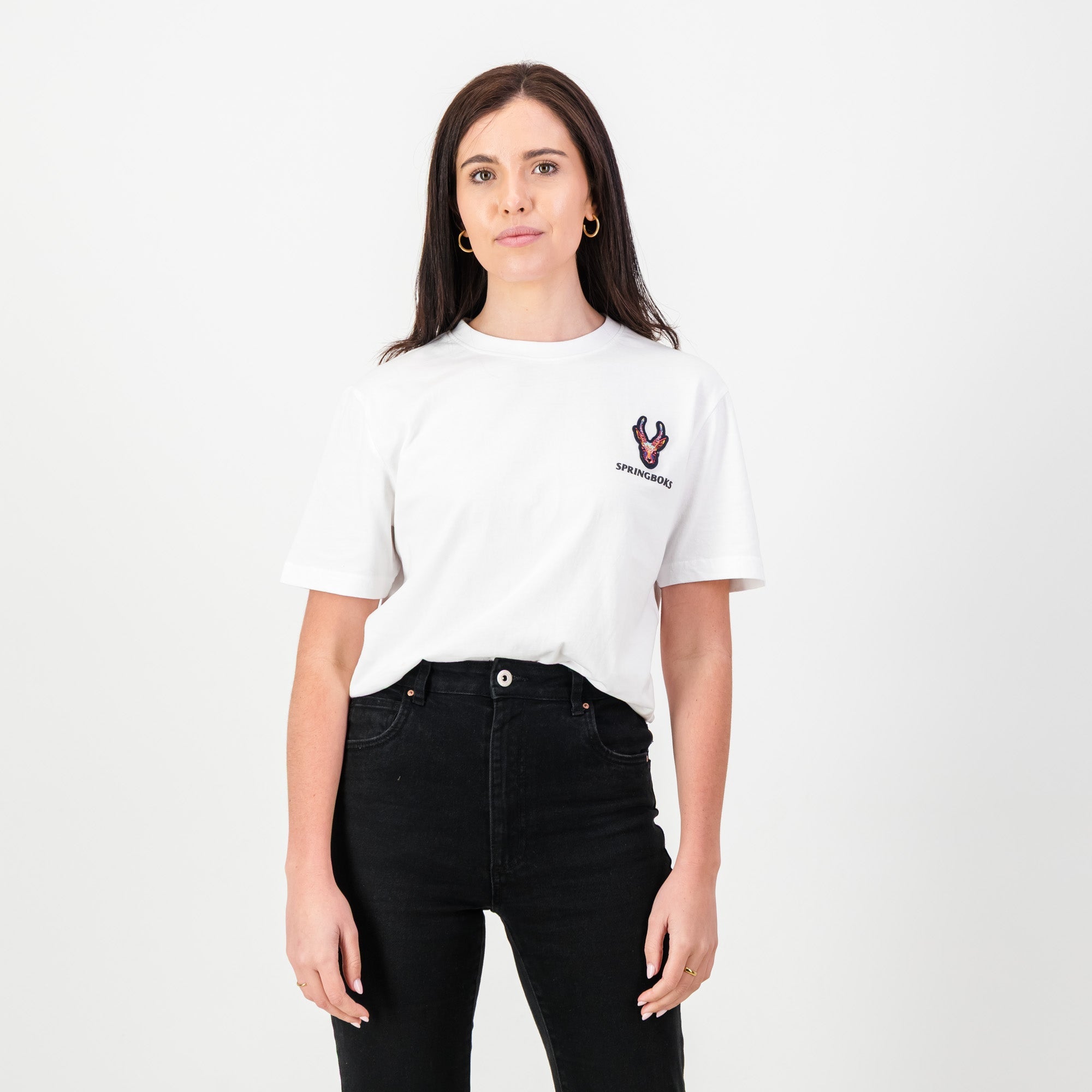 Springboks SML EMB Head Bok Regular Crew Tee - White - Old School