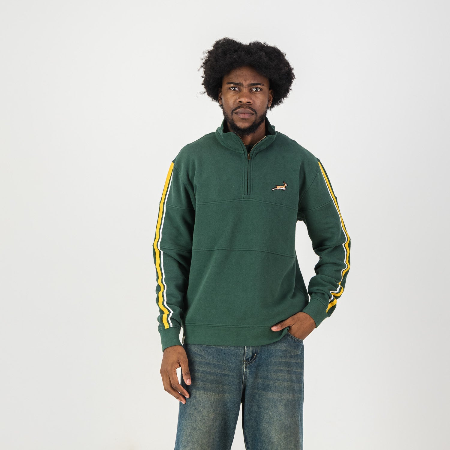 Springboks Twill SLV Quarter Zip Sweat - OS Green - Old School
