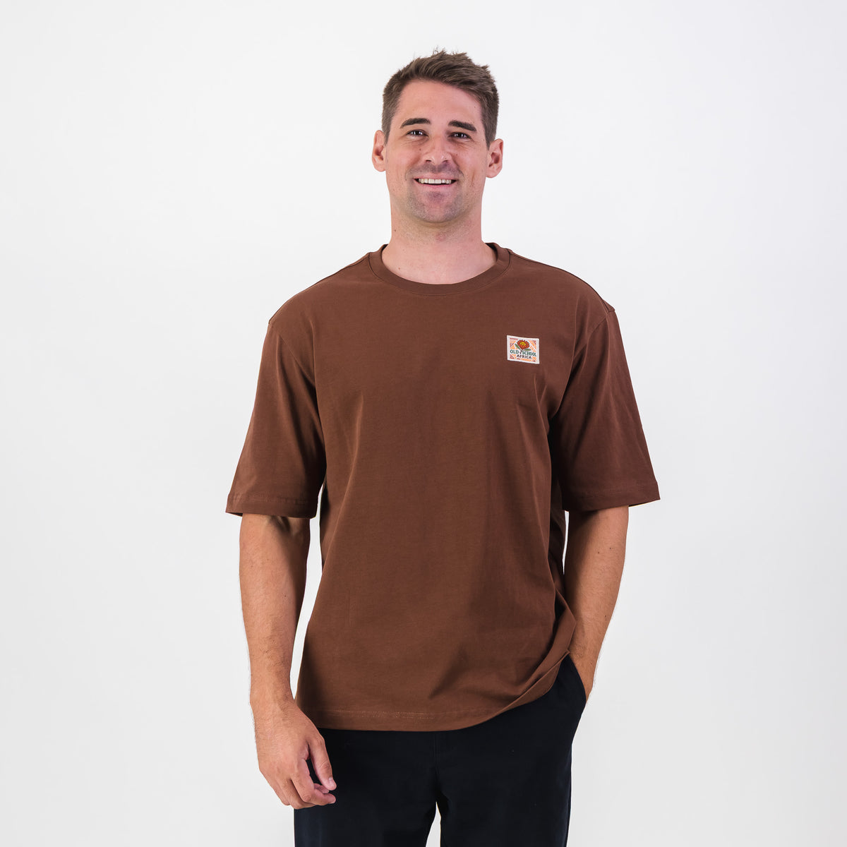 Old School Leisure Protea Woven Badge Relaxed T-Shirts Brown