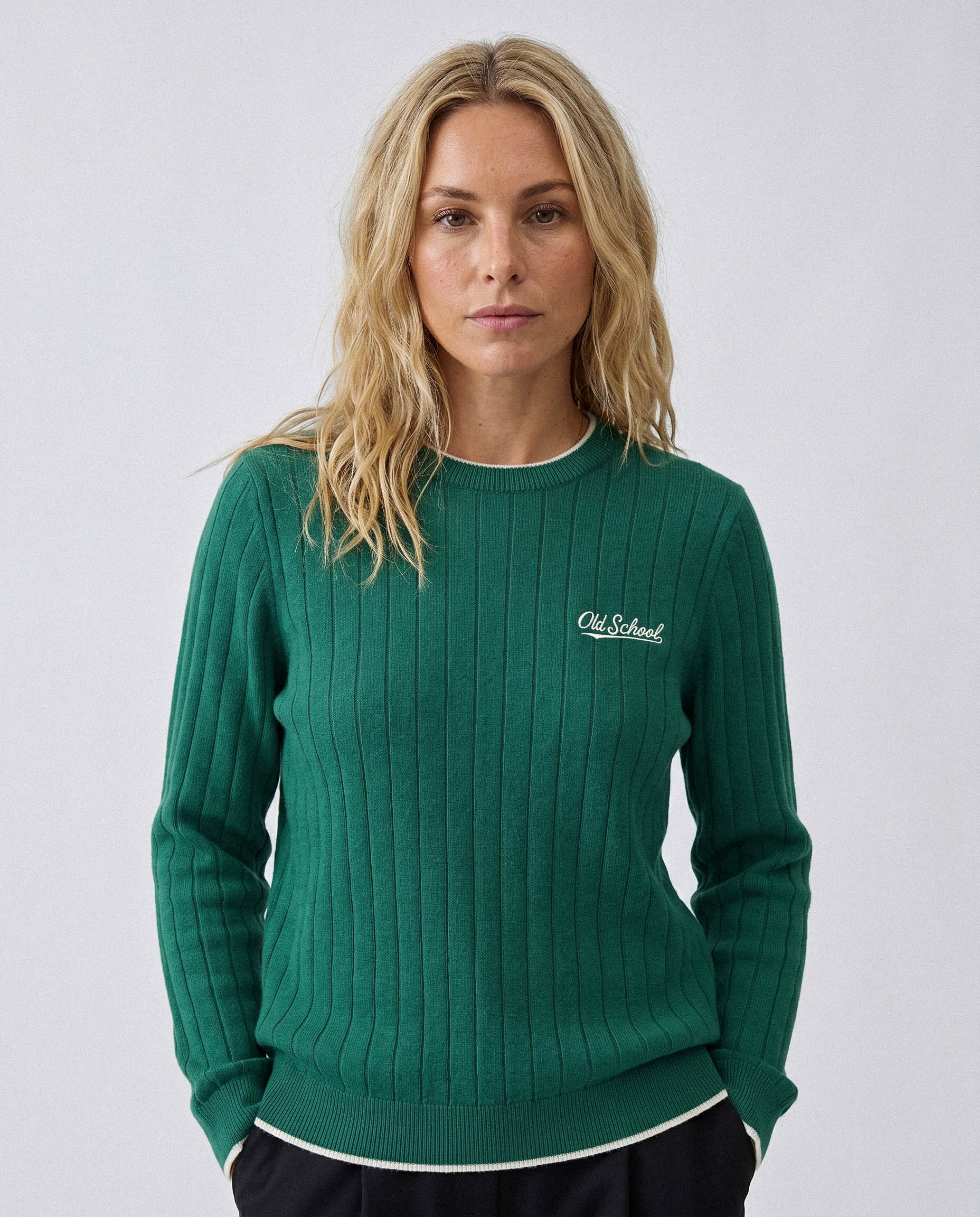Old School Leisure Men Ribbed LS Crew Knit Green