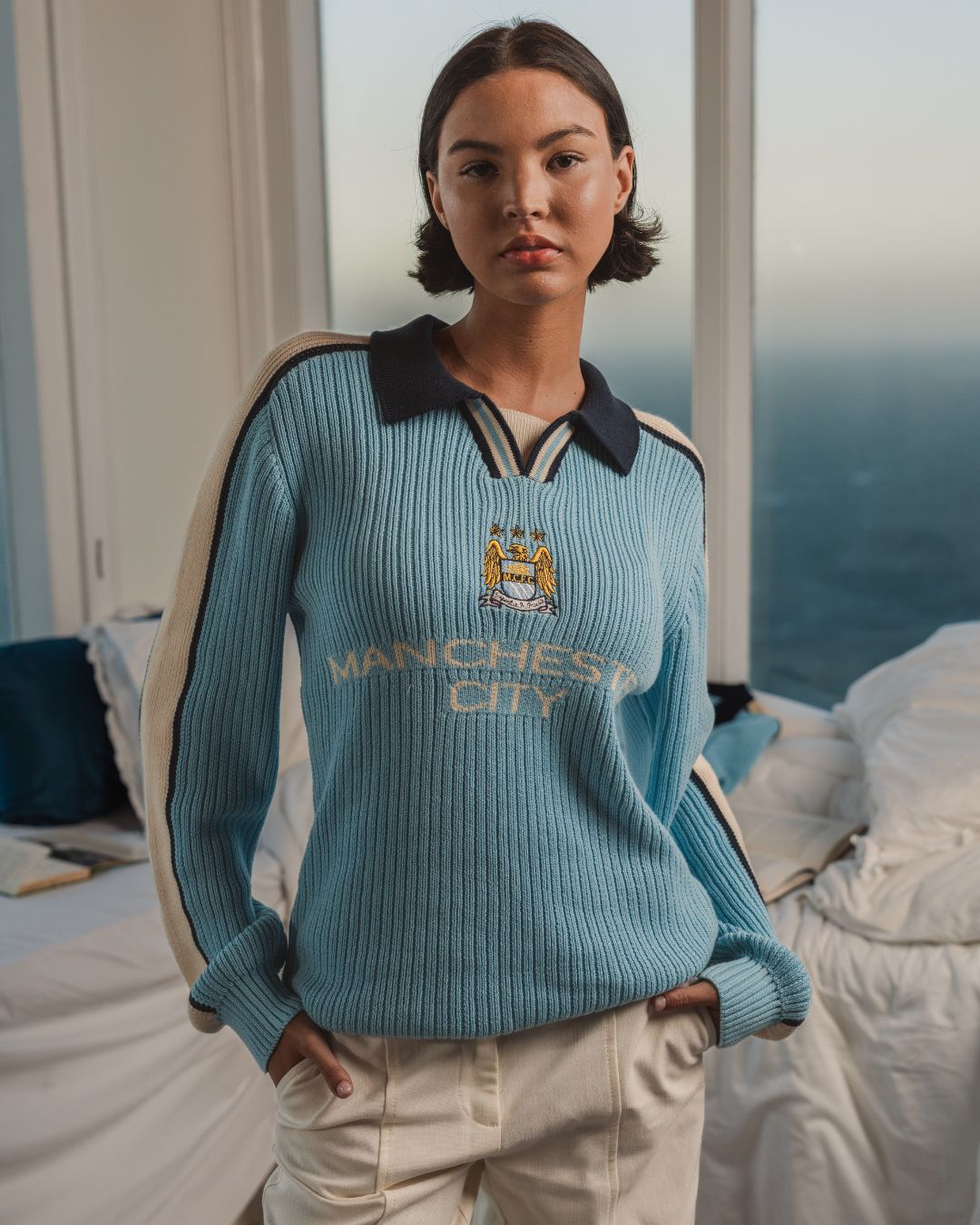 Manchester City Retro LS Knit Jersey-Sky Blue