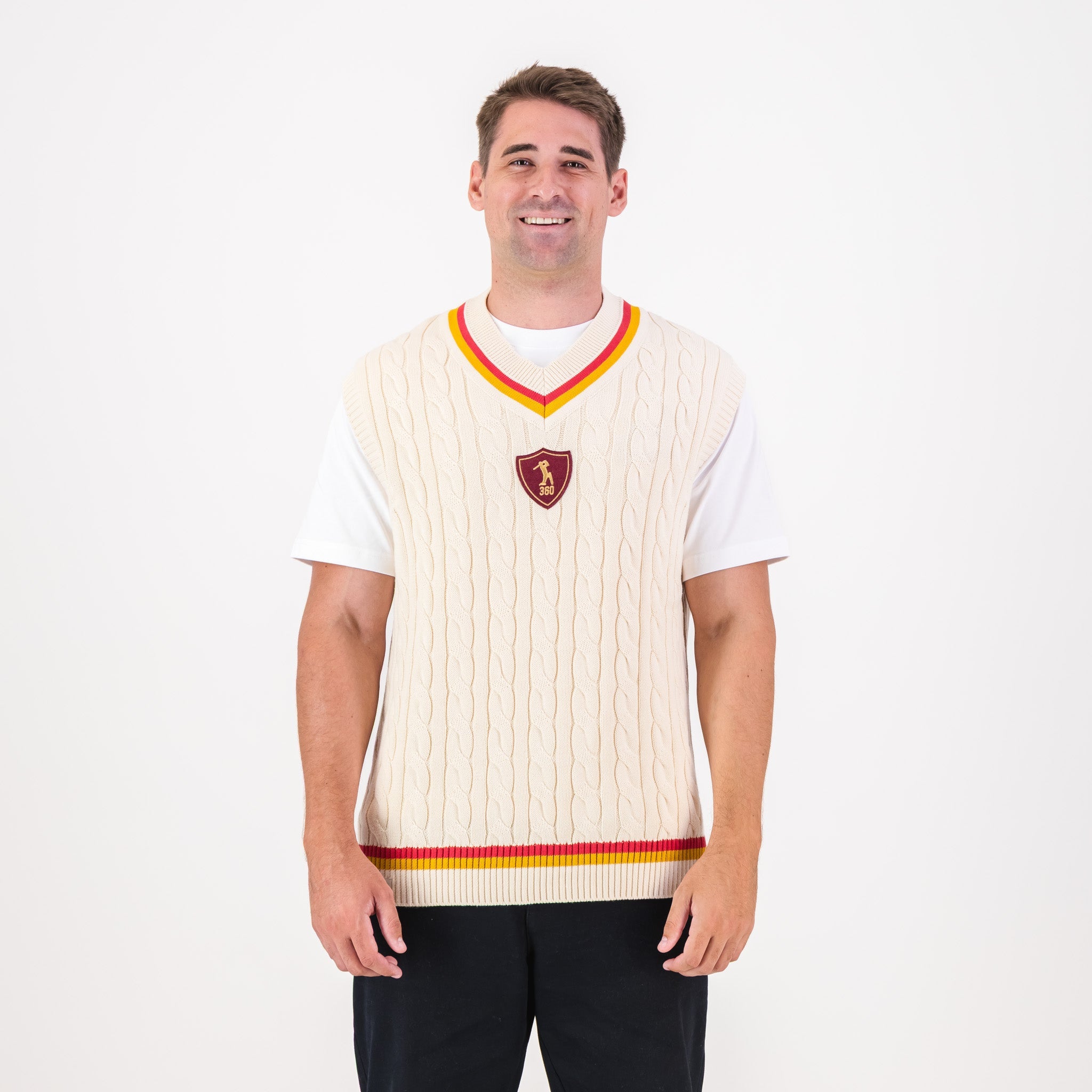 AB de Villiers 360 Crest Knit Vest Cable Ivory - Old School