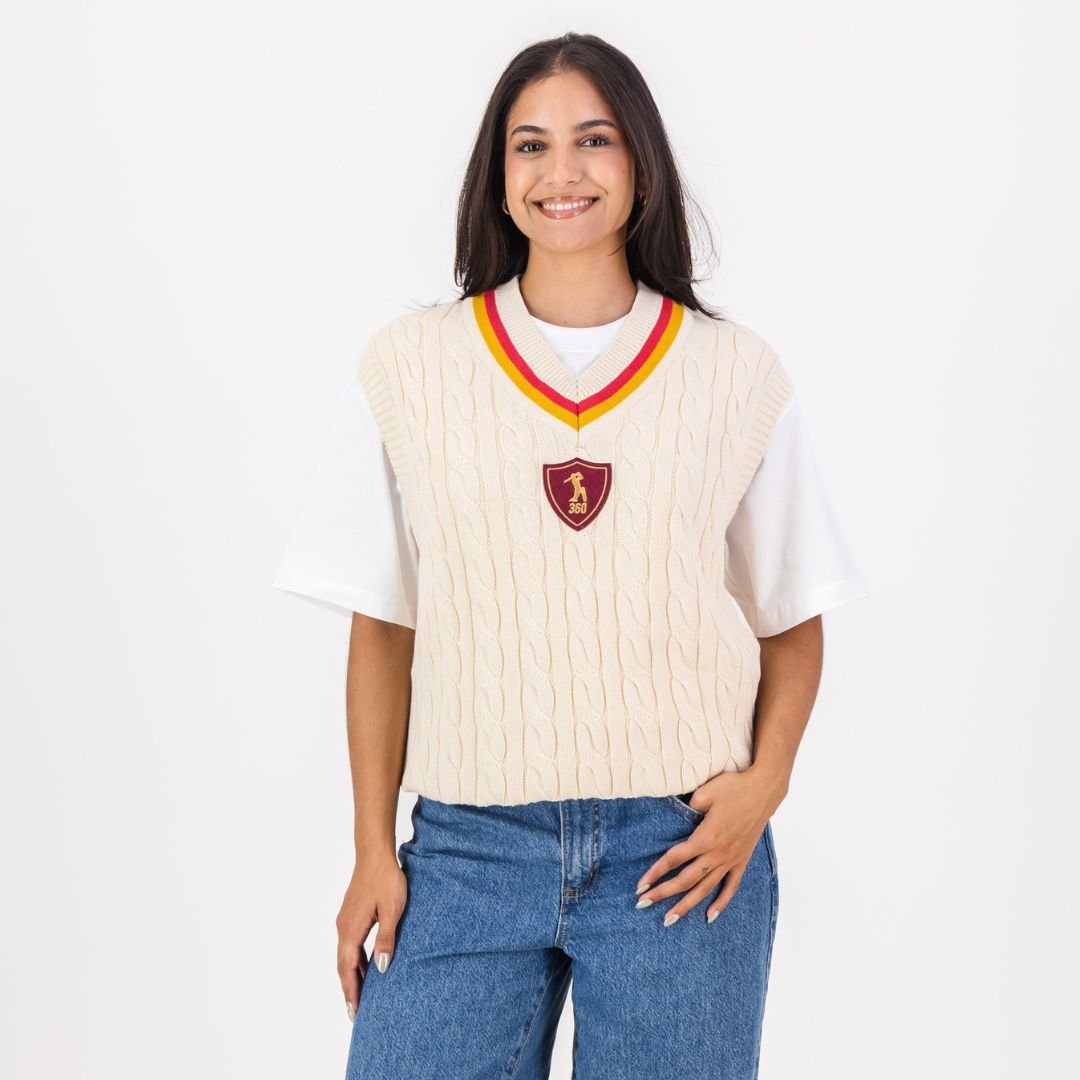 AB de Villiers 360 Crest Knit Vest Cable Ivory - Old School