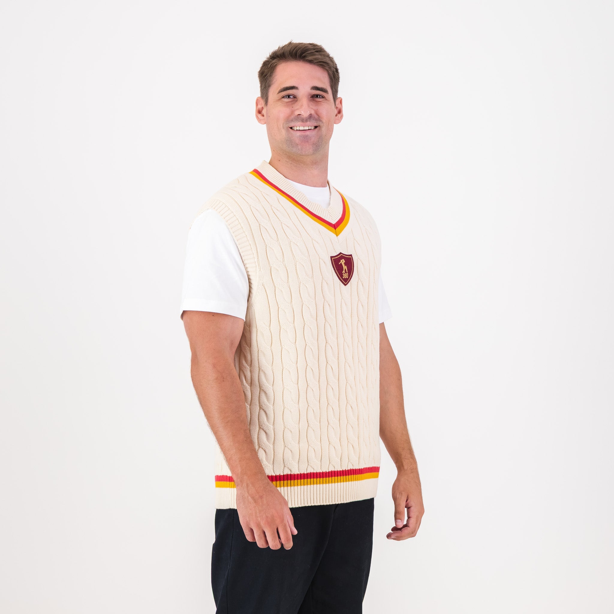 AB de Villiers 360 Crest Knit Vest Cable Ivory - Old School
