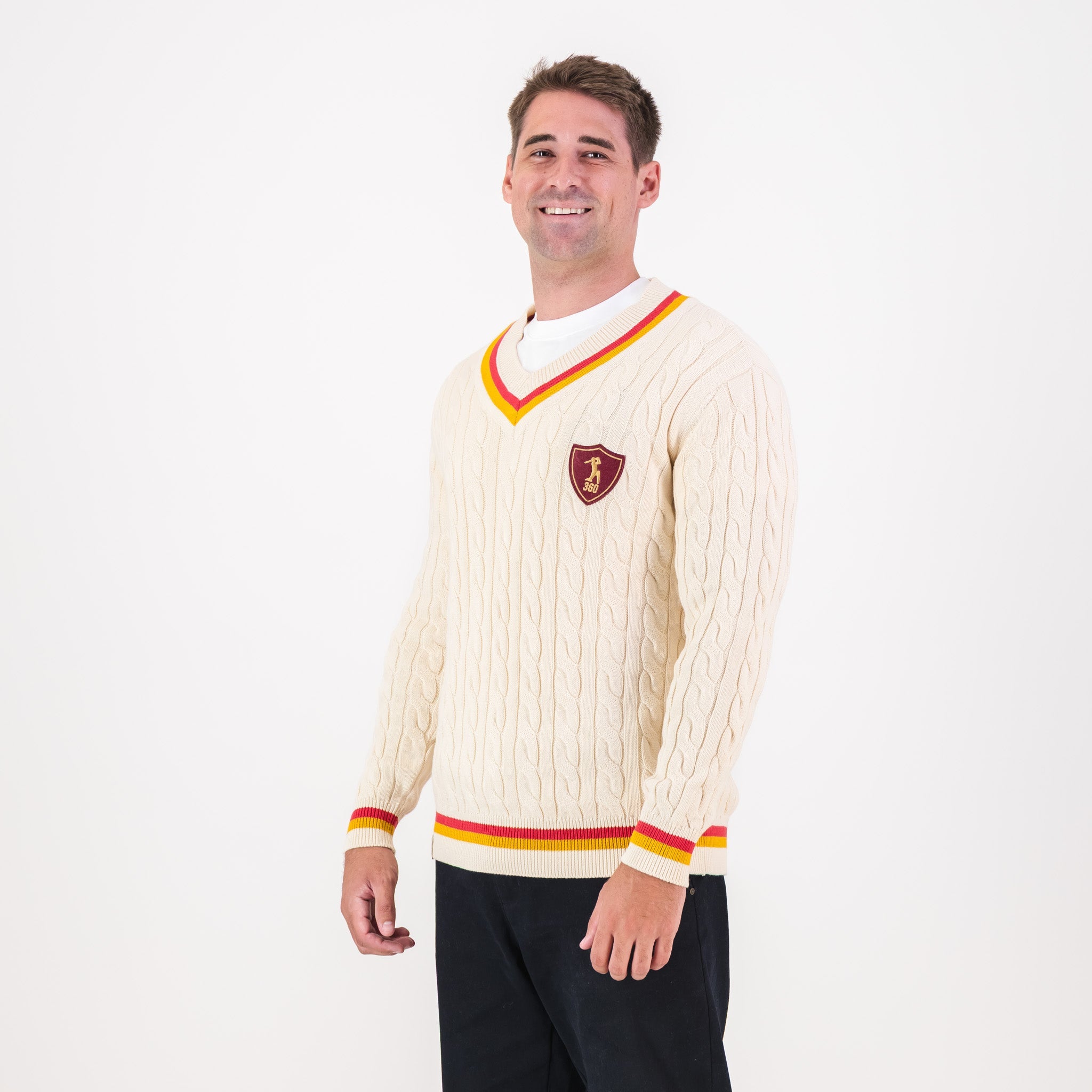 AB de Villiers 360 Small Logo V - neck Knitwear Cable Ivory - Old School