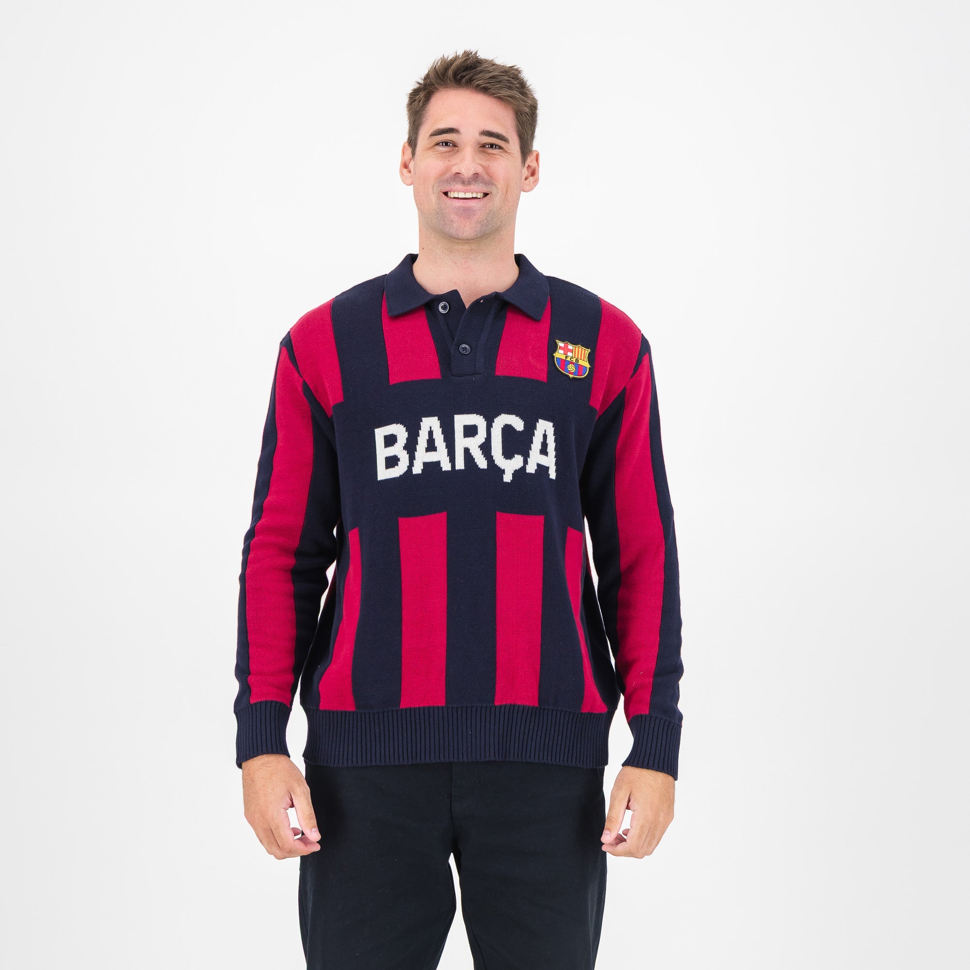 Barcelona FC Stripe 2 Button Polo Knitwear Long Sleeve Yarn Dye Navy - Old School