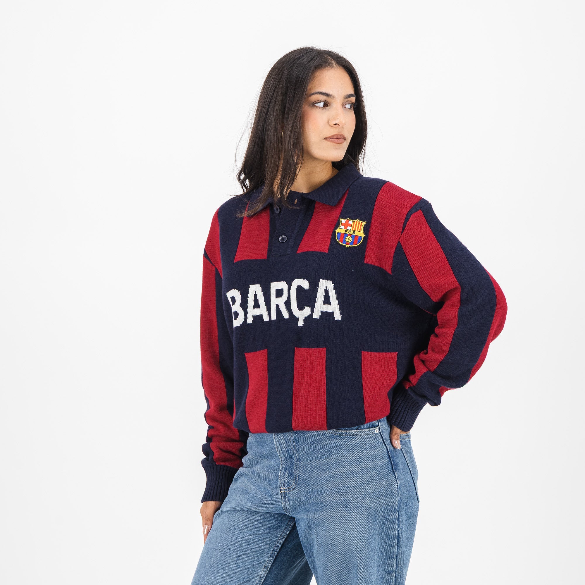 Barcelona FC Stripe 2 Button Polo Knitwear Long Sleeve Yarn Dye Navy - Old School