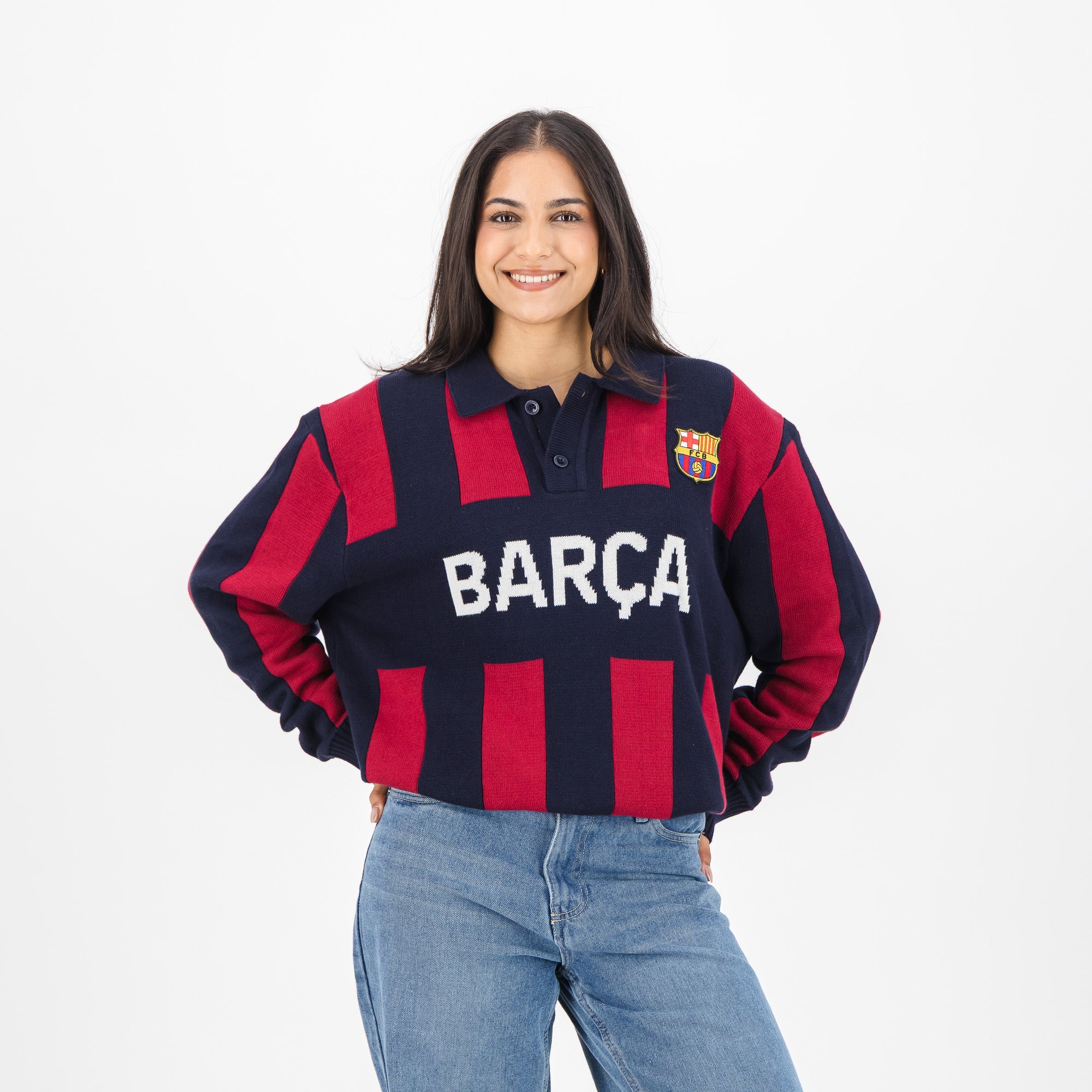 Barcelona FC Stripe 2 Button Polo Knitwear Long Sleeve Yarn Dye Navy - Old School