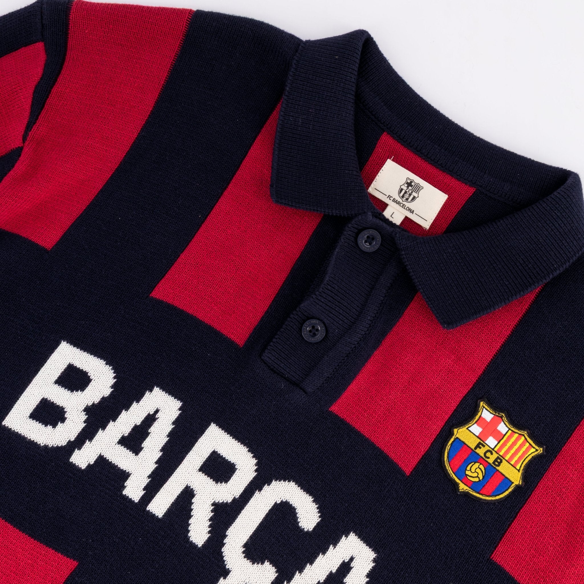 Barcelona FC Stripe 2 Button Polo Knitwear Long Sleeve Yarn Dye Navy - Old School
