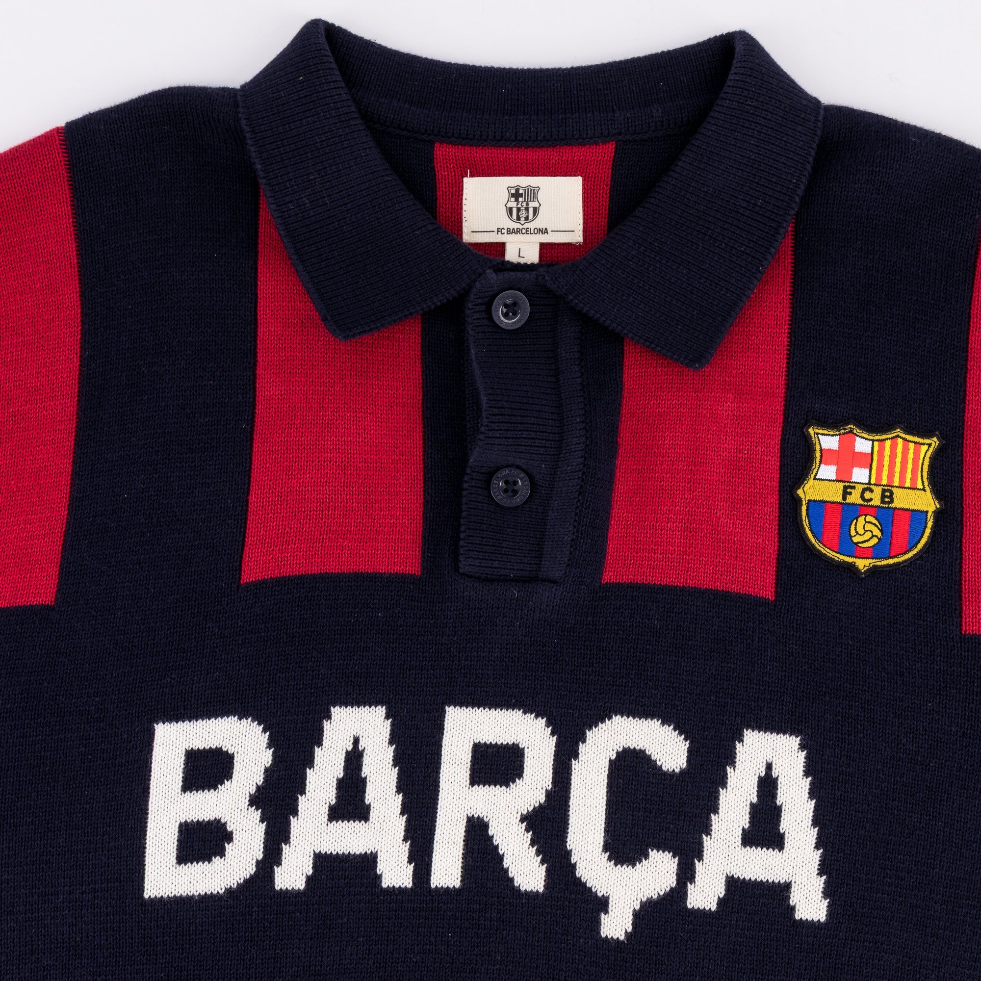 Barcelona FC Stripe 2 Button Polo Knitwear Long Sleeve Yarn Dye Navy - Old School