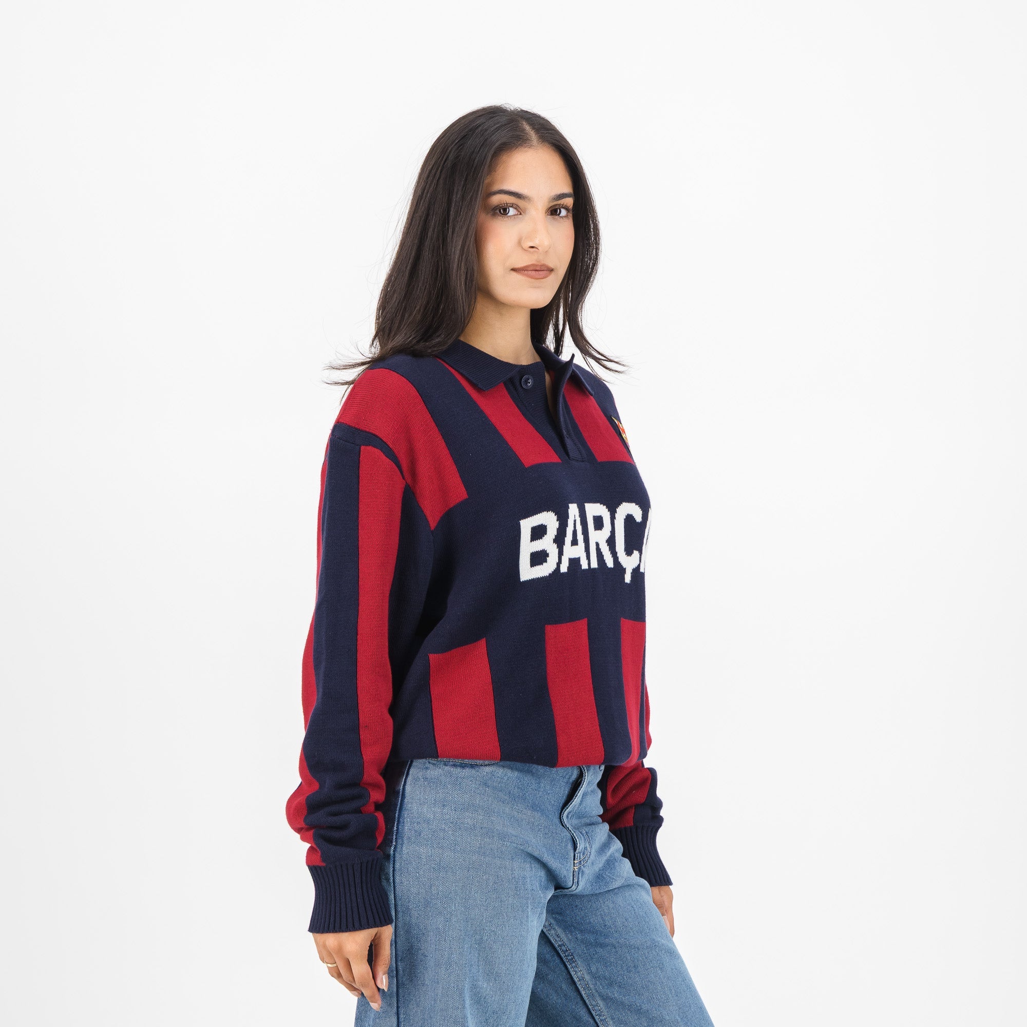 Barcelona FC Stripe 2 Button Polo Knitwear Long Sleeve Yarn Dye Navy - Old School