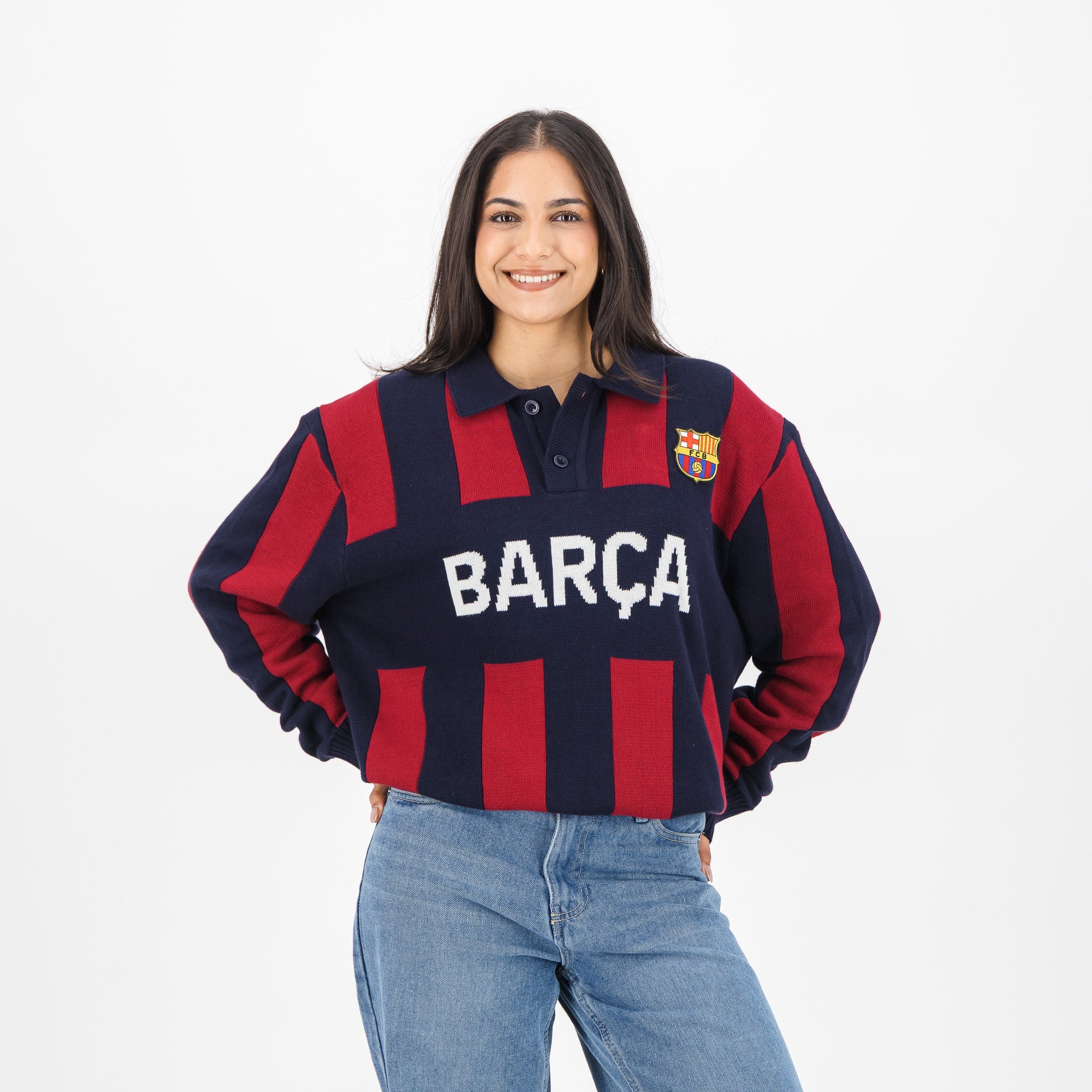 Barcelona FC Stripe 2 Button Polo Knitwear Long Sleeve Yarn Dye Navy - Old School