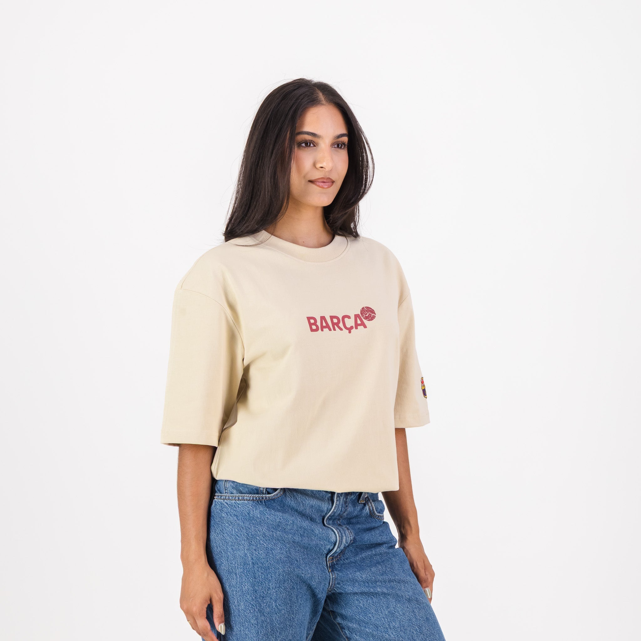 Barcelona FC Word Soccer Ball Barca Boxy Tee - Ivory - Old School