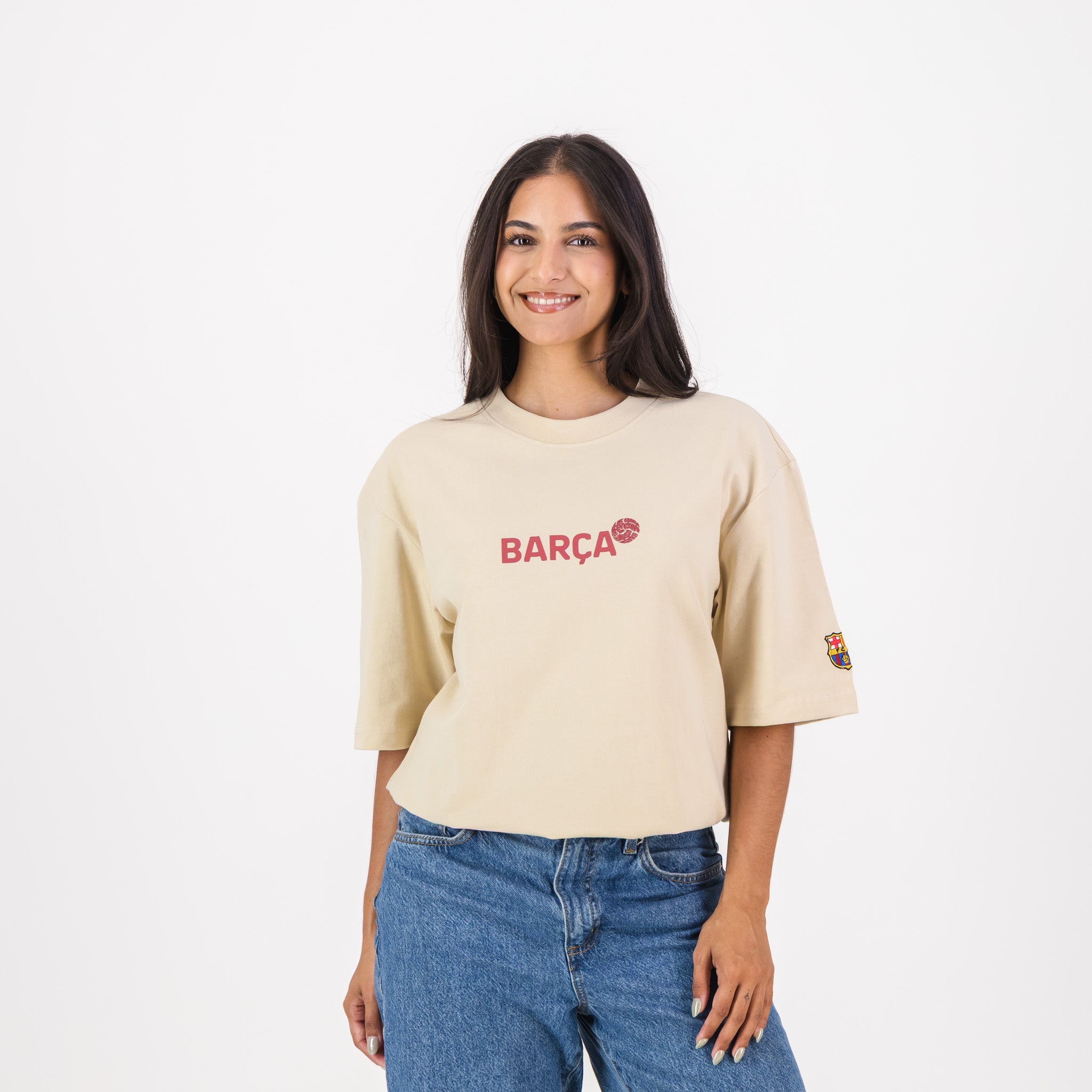 Barcelona FC Word Soccer Ball Barca Boxy Tee - Ivory - Old School
