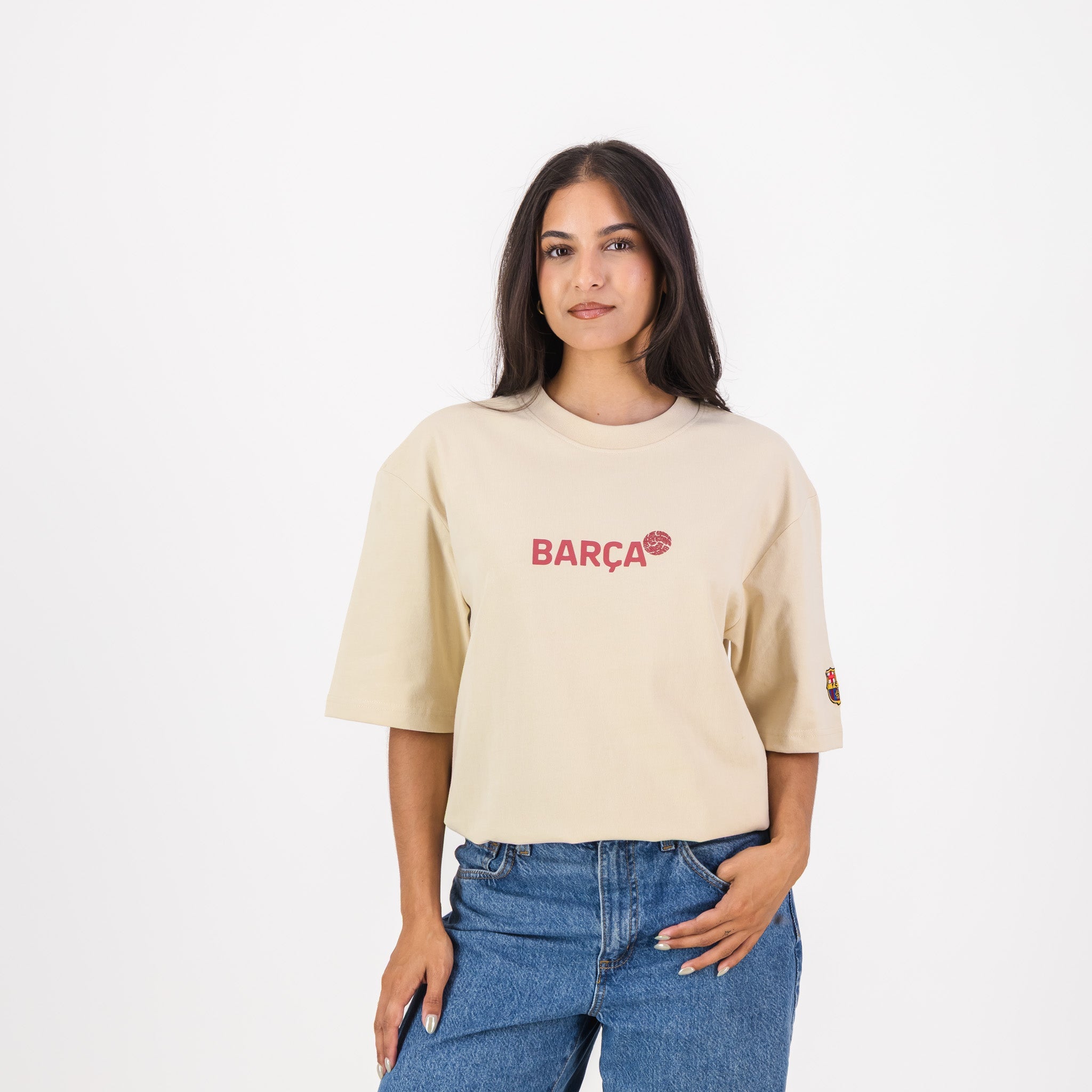 Barcelona FC Word Soccer Ball Barca Boxy Tee - Ivory - Old School
