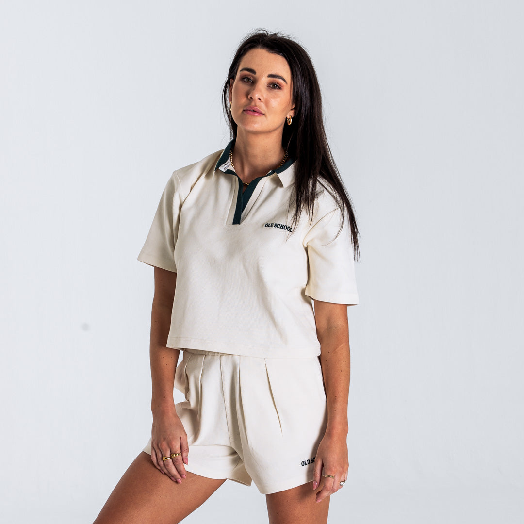 Ladies Cropped Polo - Off White & OS Green