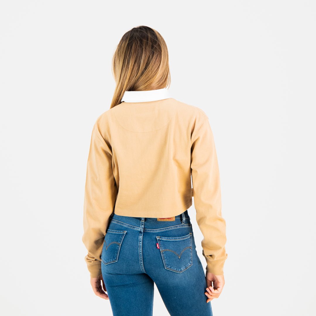 Ladies Cropped Long Sleeve Rugby Jersey - Tan - Old School