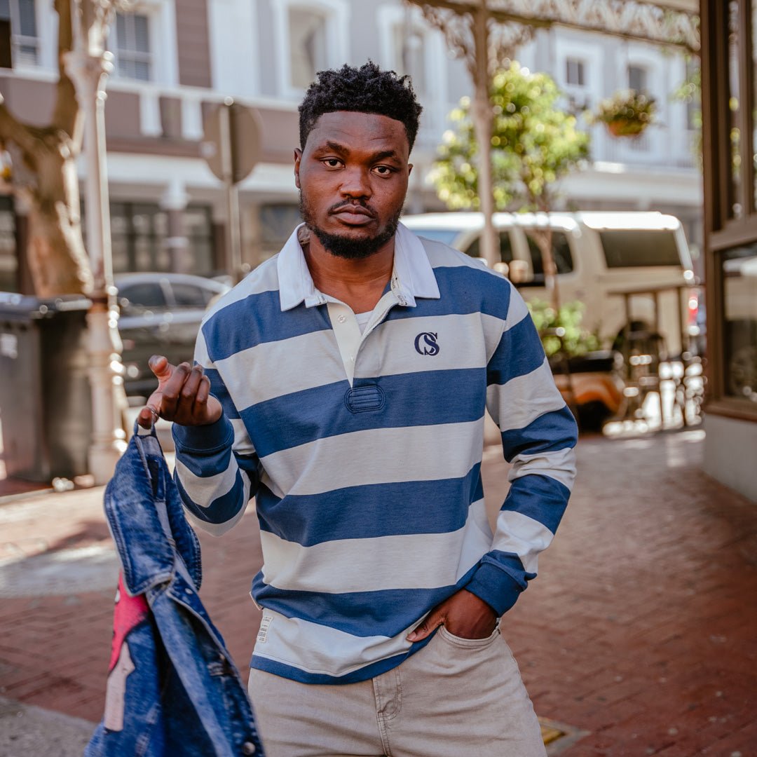 Long Sleeve Rugby Jersey - Navy and Grey Stripe - Old School