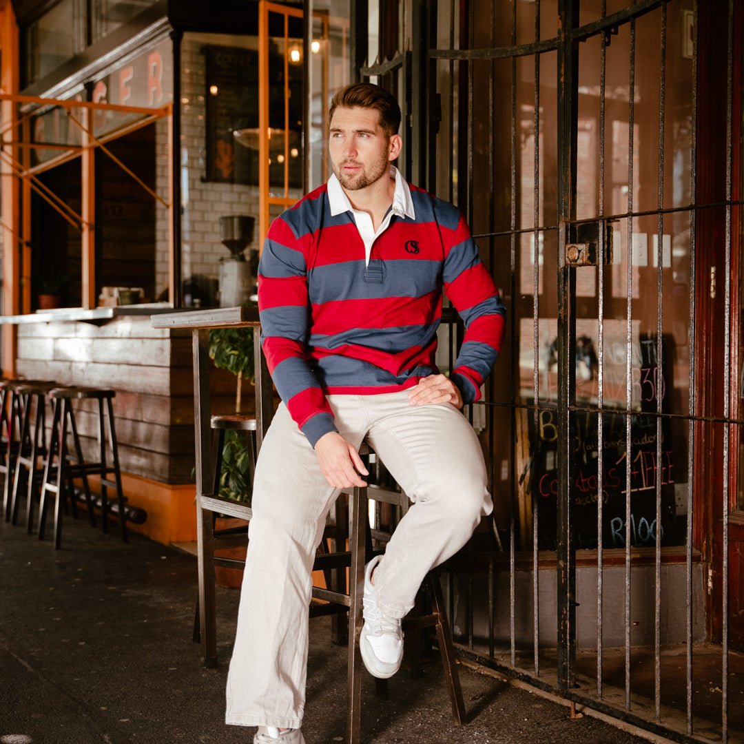 Long Sleeve Rugby Jersey - Navy and Maroon Stripe - Old School