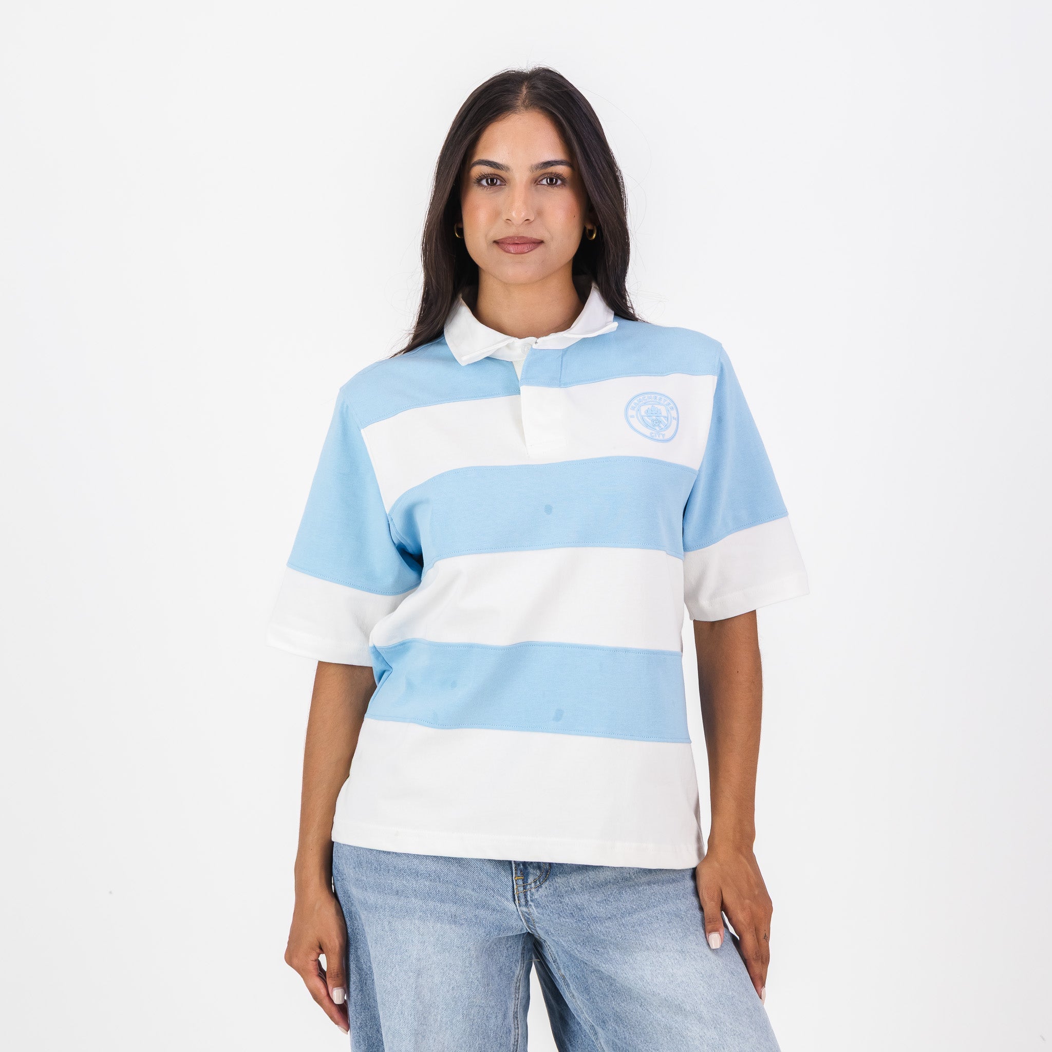 Manchester City Stripe Rugby Polo - Sky Blue - Old School