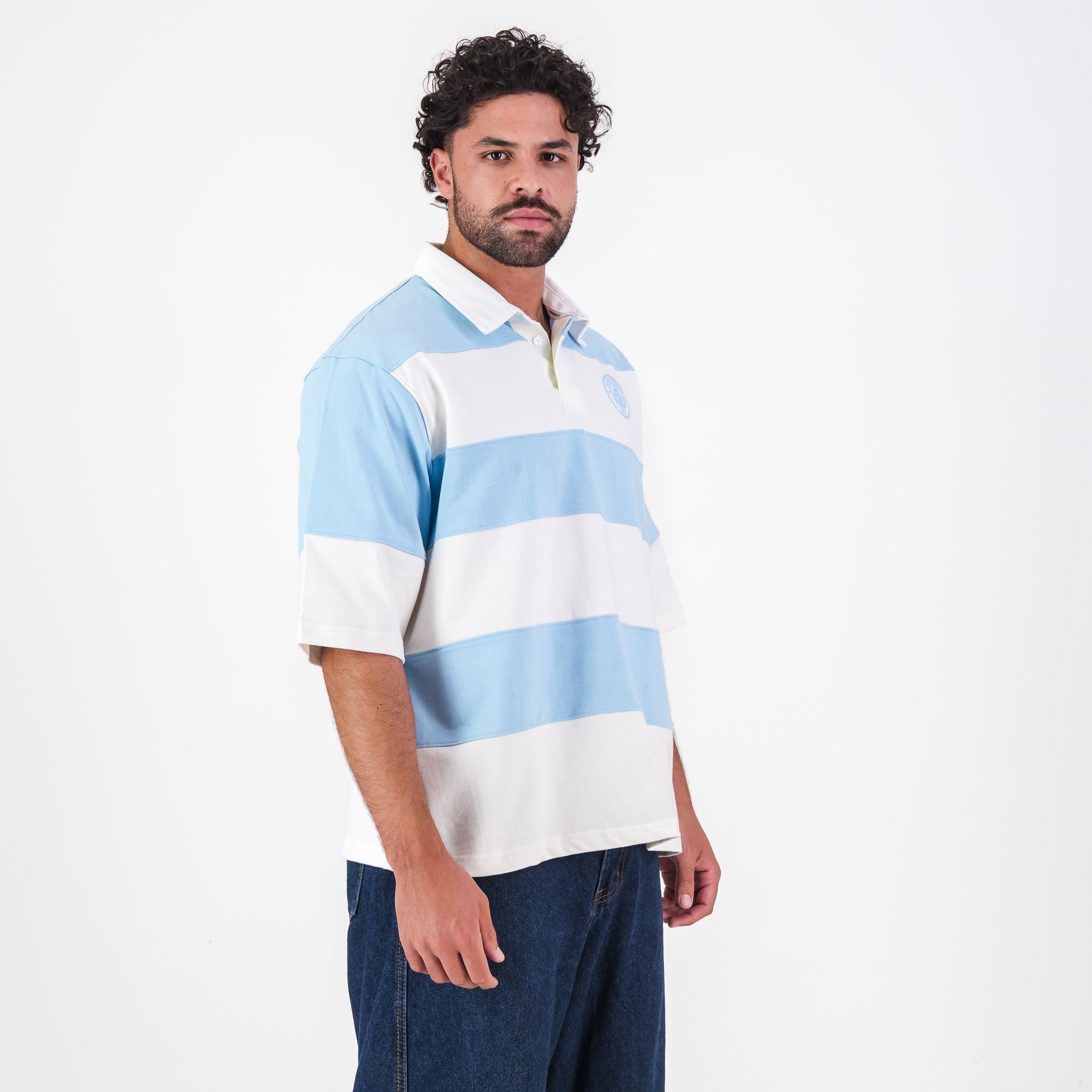 Manchester City Stripe Rugby Polo - Sky Blue - Old School