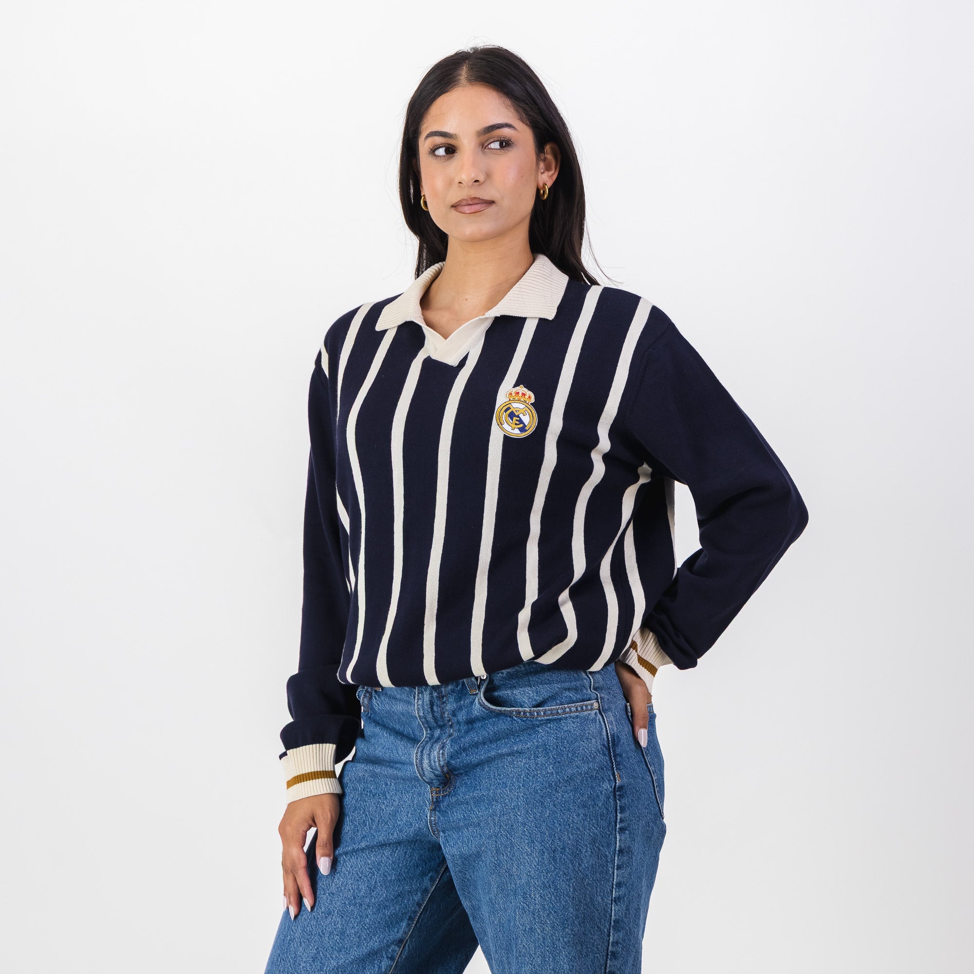Real Madrid Stripe LS Knit Jersey - Navy - Old School