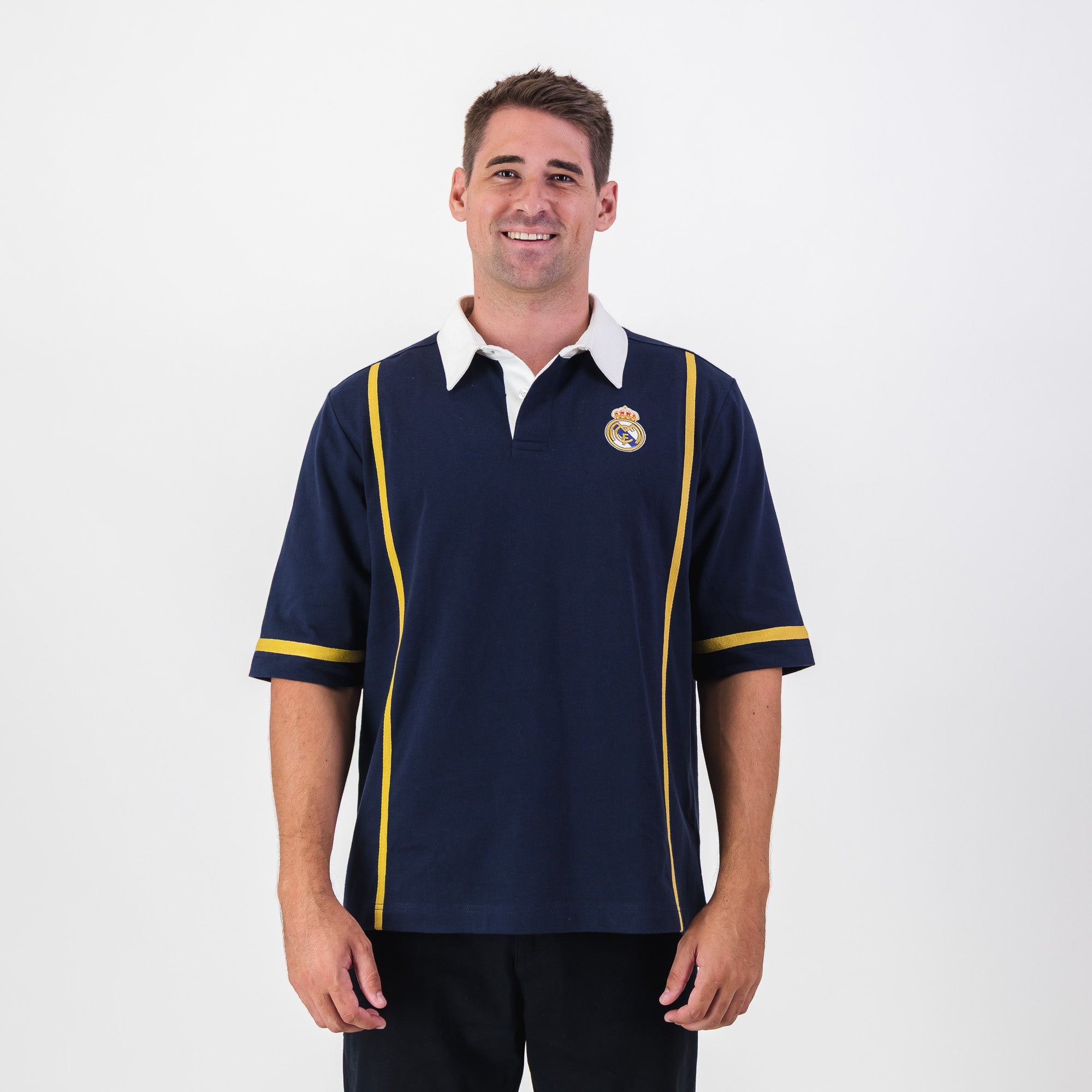 Real Madrid Twill Tape Detail SS Rugby Polo - Navy - Old School
