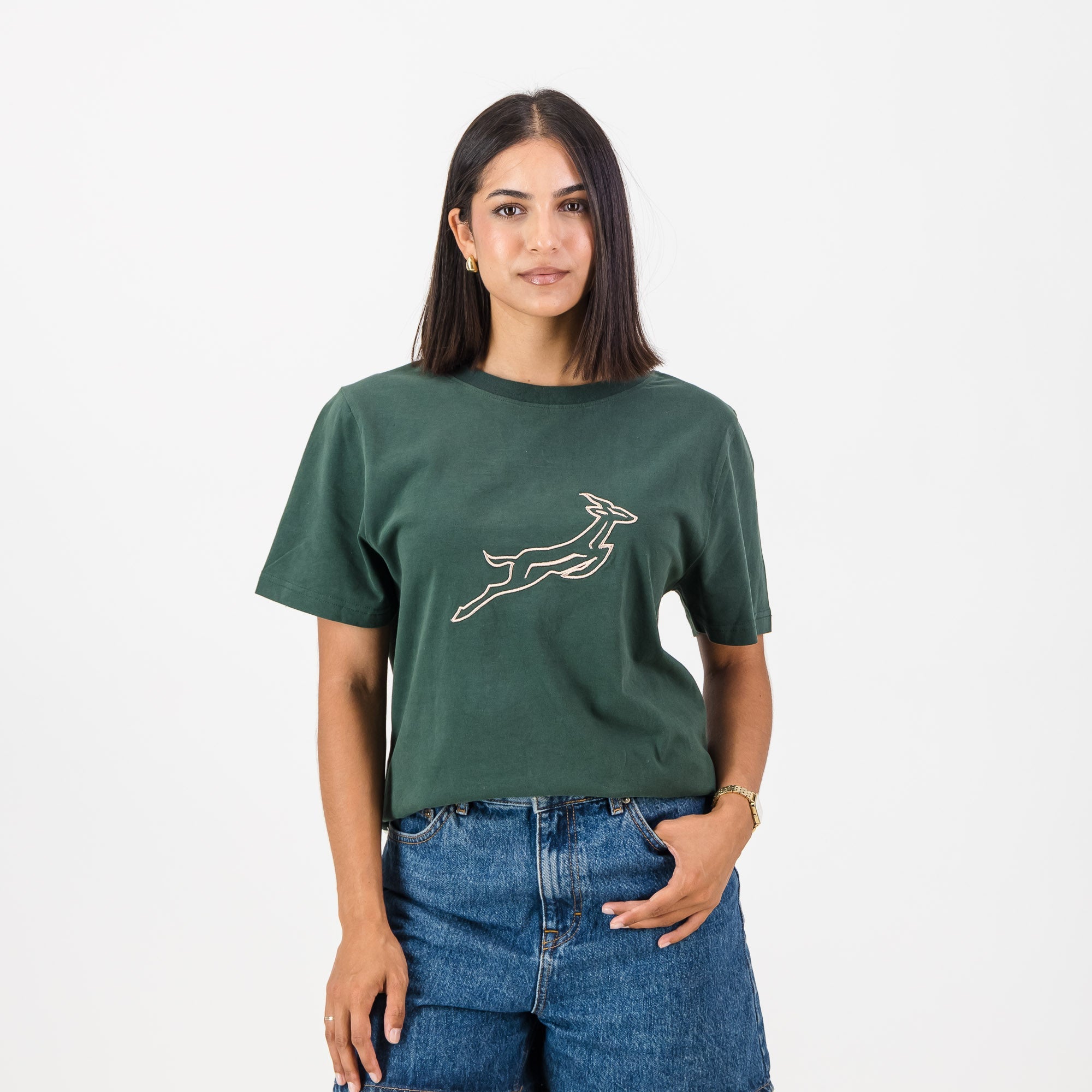Springboks Outline Bok Ladies Crew Tee - OS Green - Old School