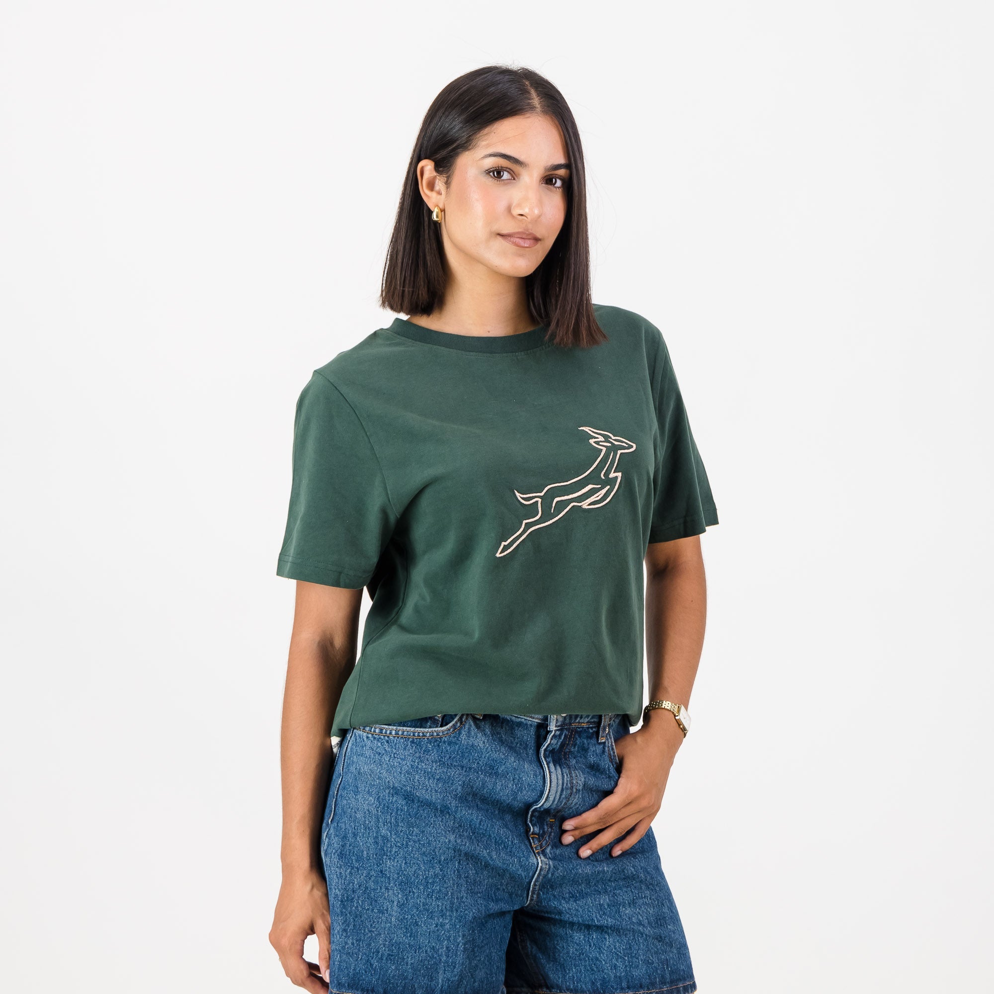 Springboks Outline Bok Ladies Crew Tee - OS Green - Old School