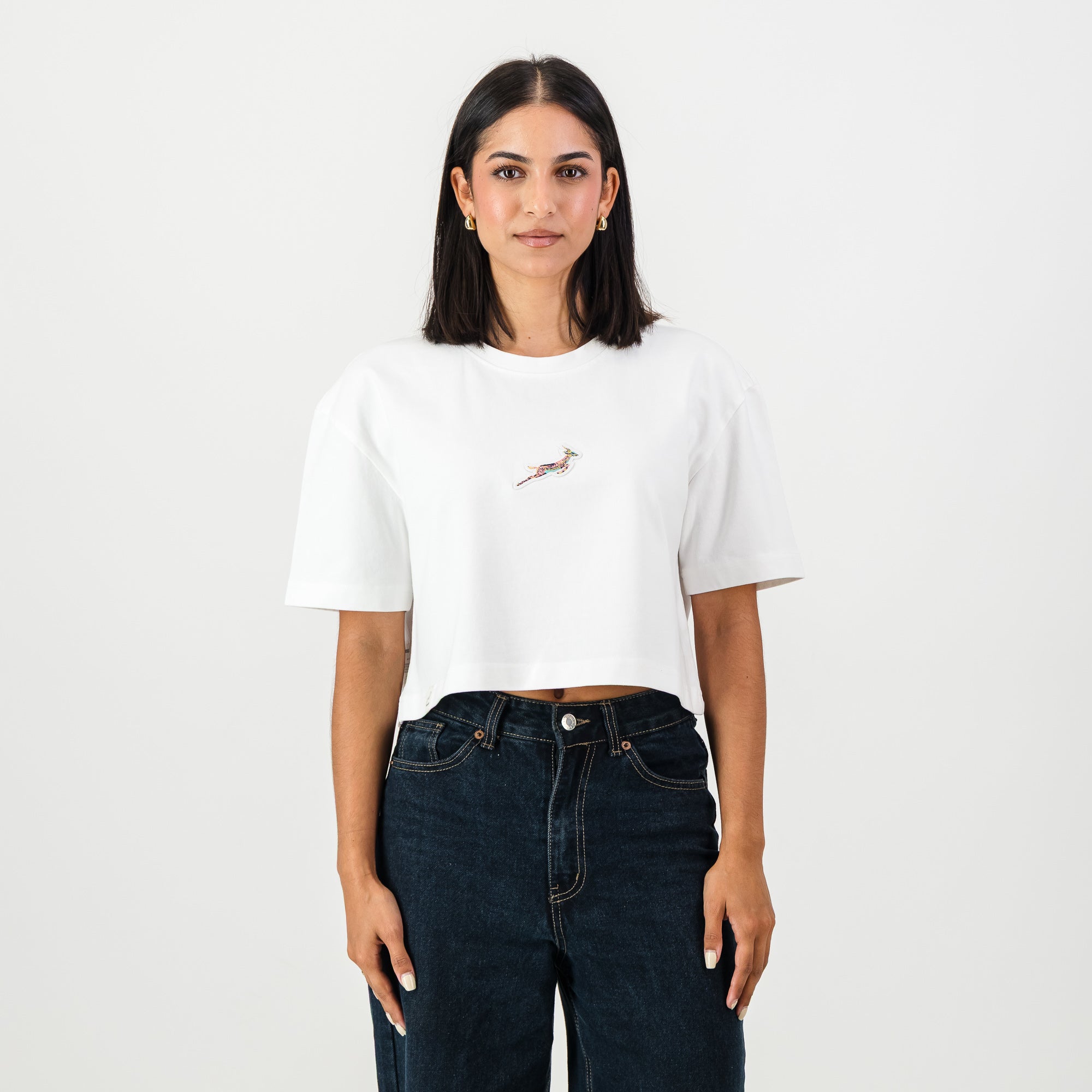 Springboks Pop Badge Ladies Boxy Crew Tee - White - Old School