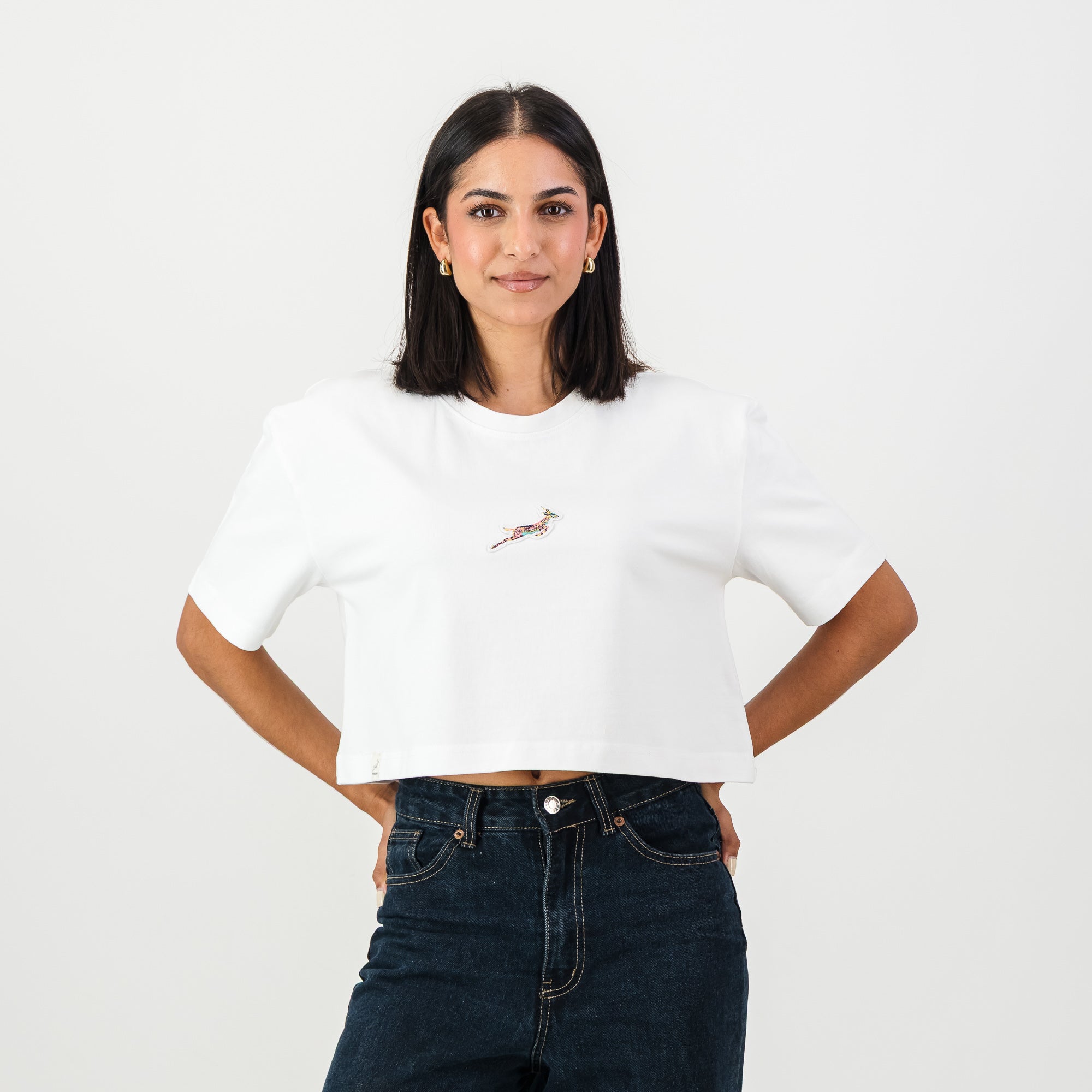 Springboks Pop Badge Ladies Boxy Crew Tee - White - Old School