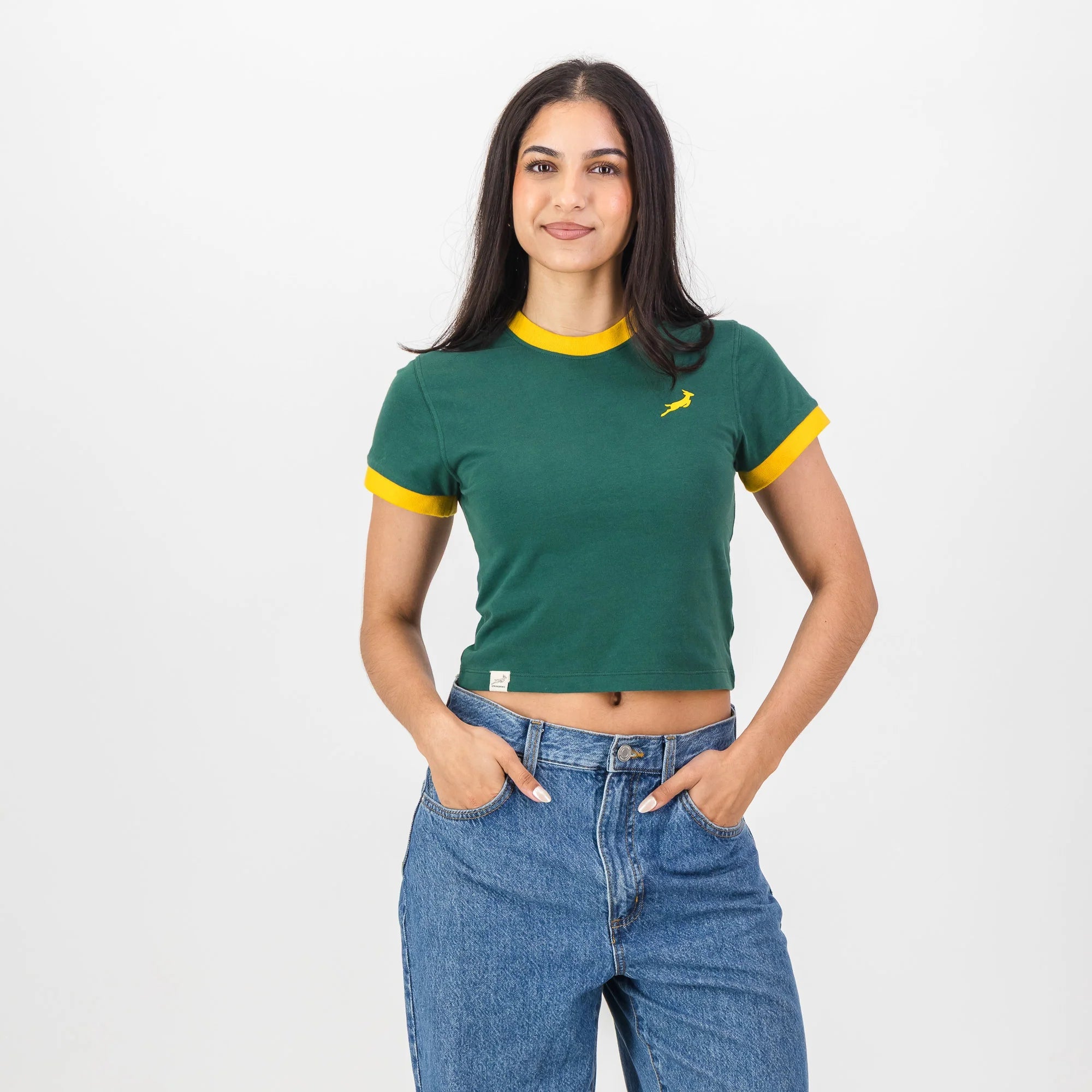 Springboks Ringer Crop Crew Tee - OS Green - Old School