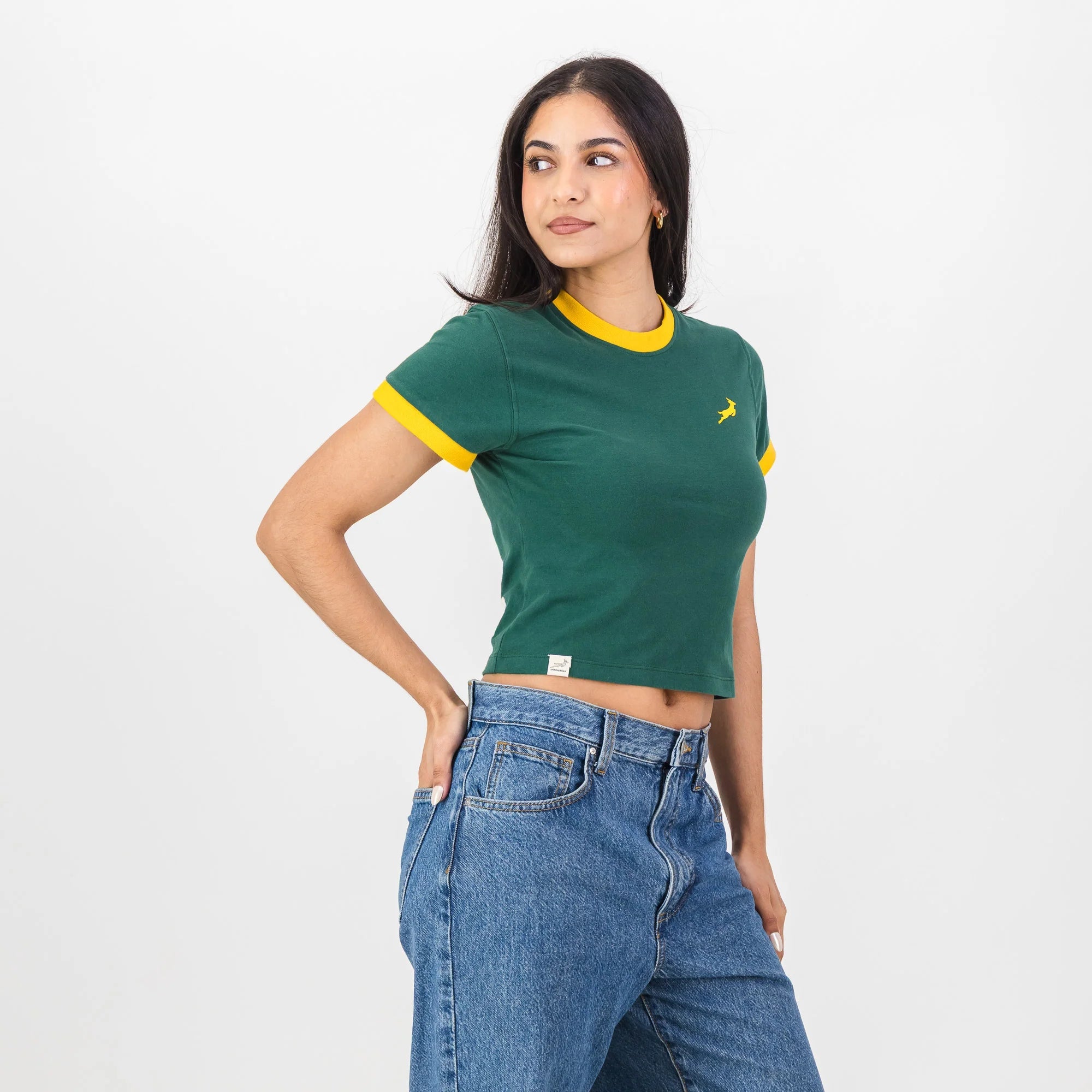 Springboks Ringer Crop Crew Tee - OS Green - Old School