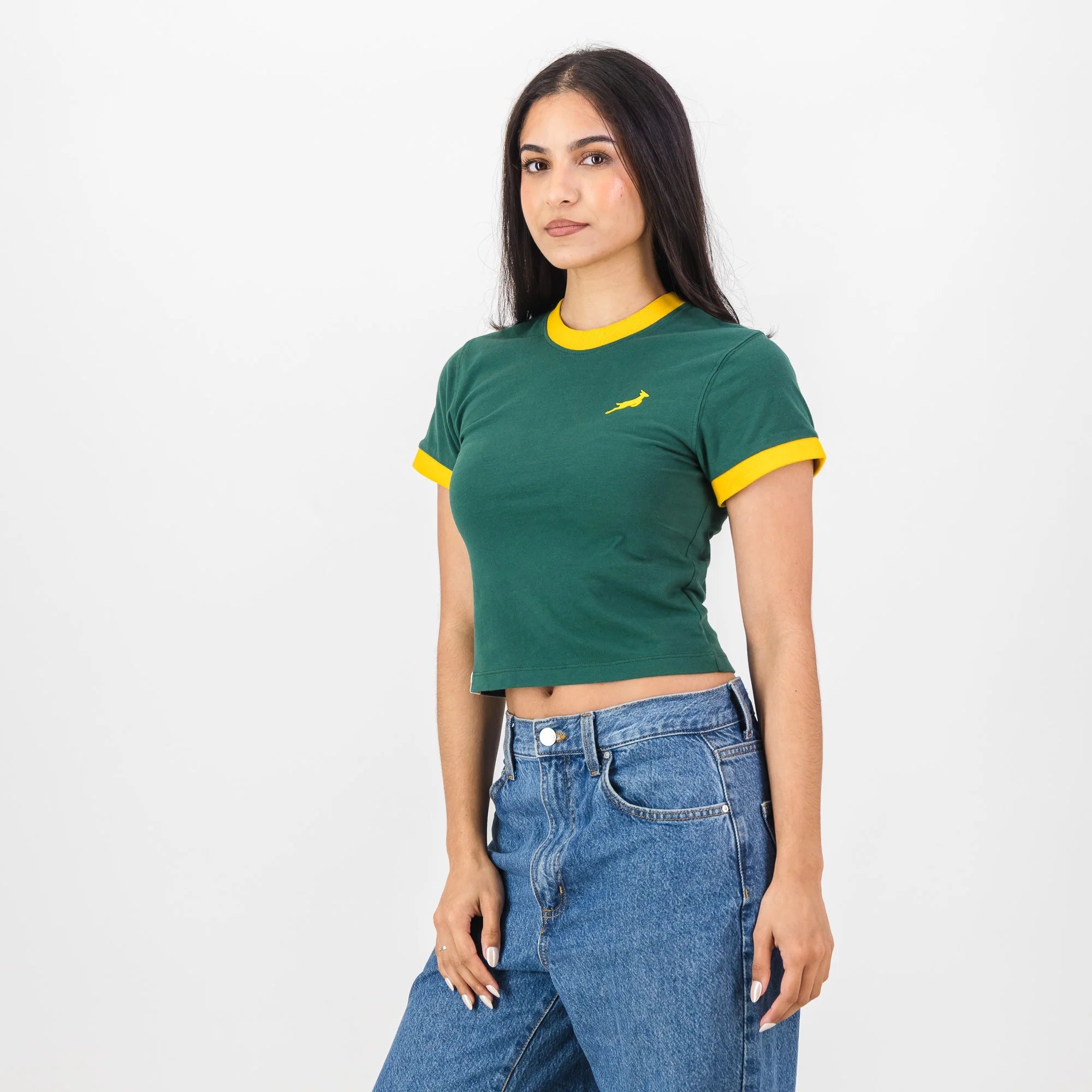 Springboks Ringer Crop Crew Tee - OS Green - Old School