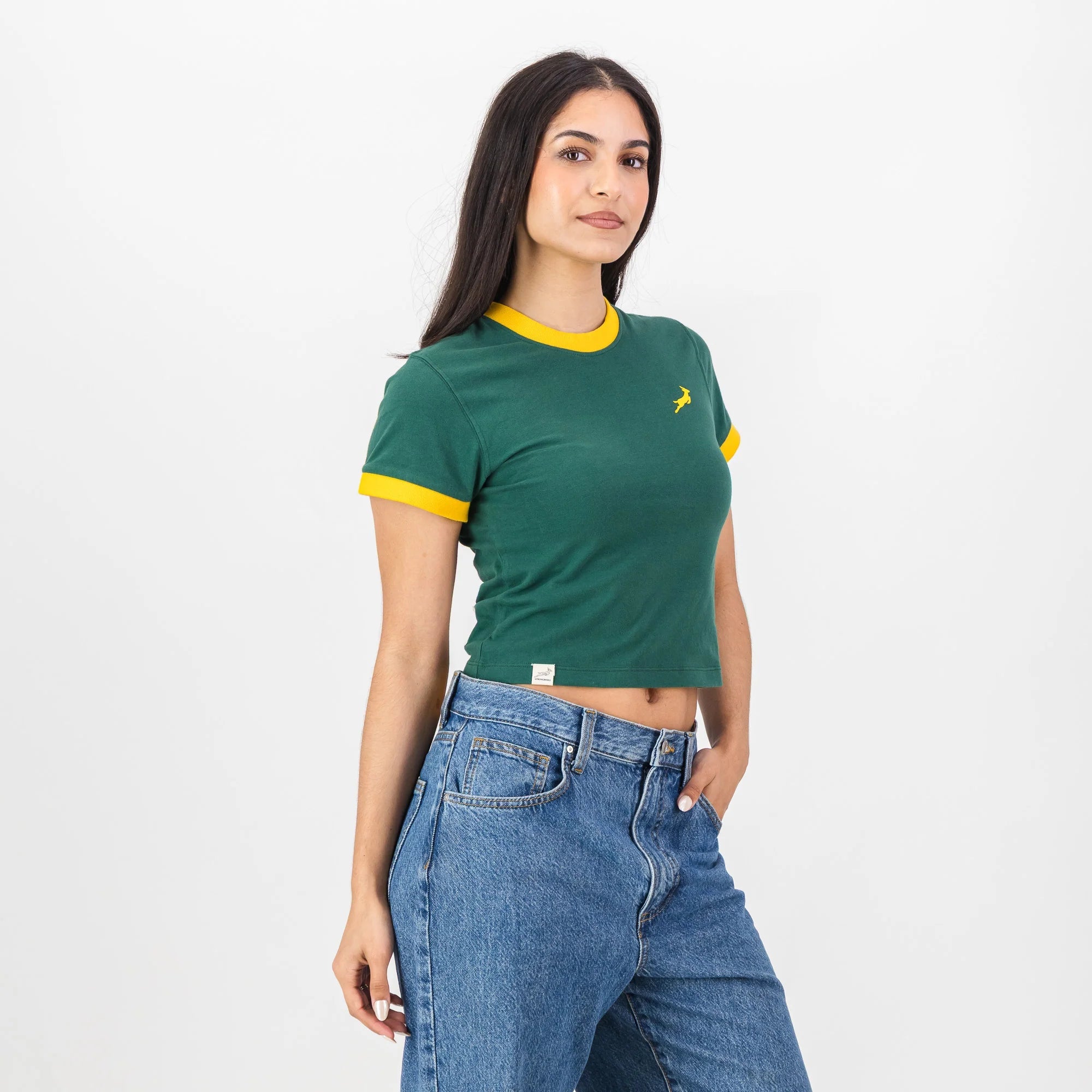 Springboks Ringer Crop Crew Tee - OS Green - Old School