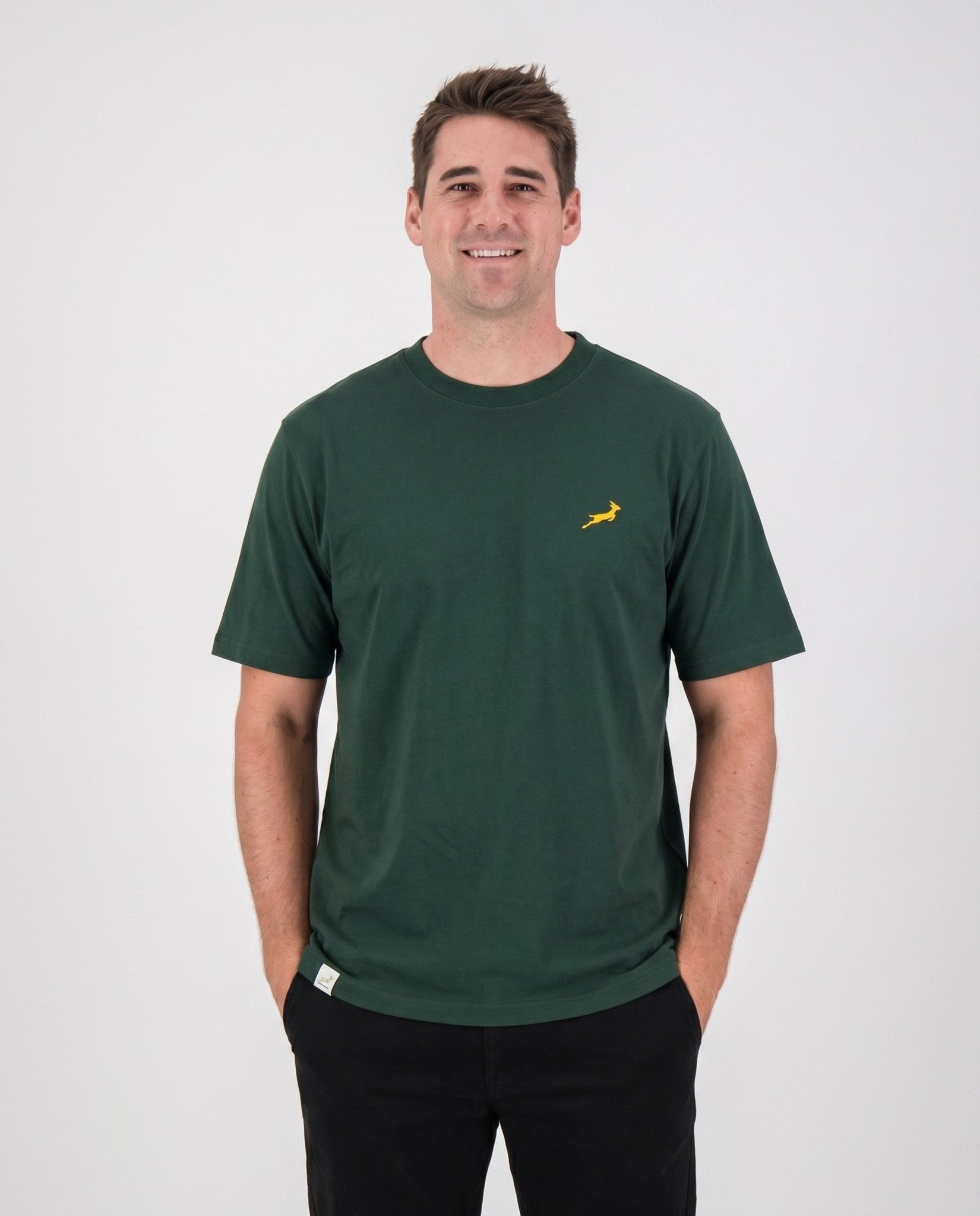 Springboks Small Logo Regular Crew T-Shirt Plain Green - Old School
