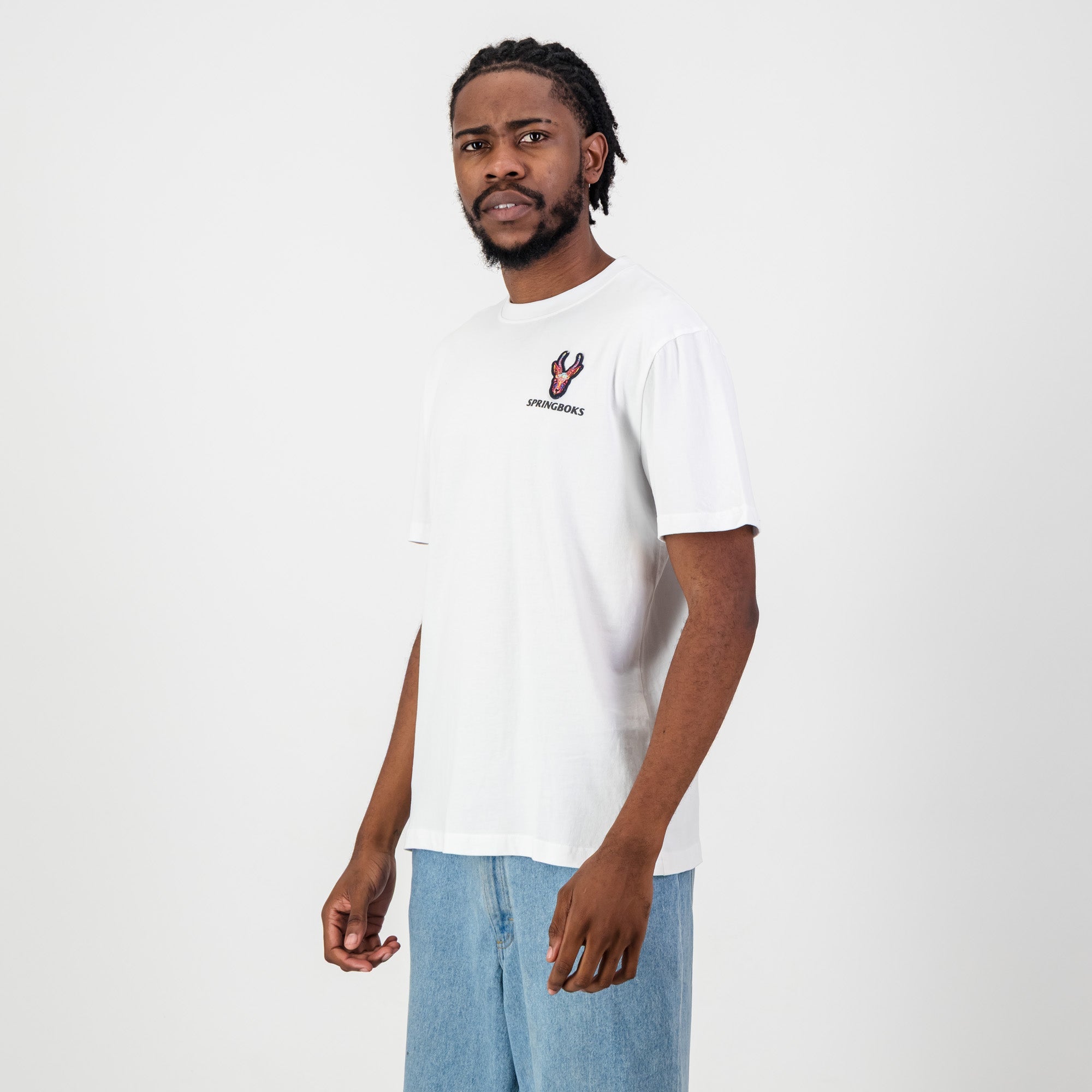 Springboks SML EMB Head Bok Regular Crew Tee - White - Old School
