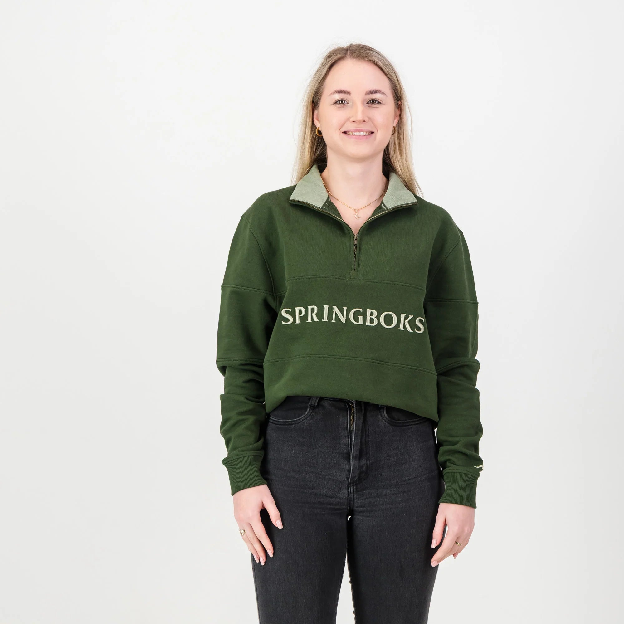 Springboks Word Quarter Zip Sweat - Military Olive - Old School