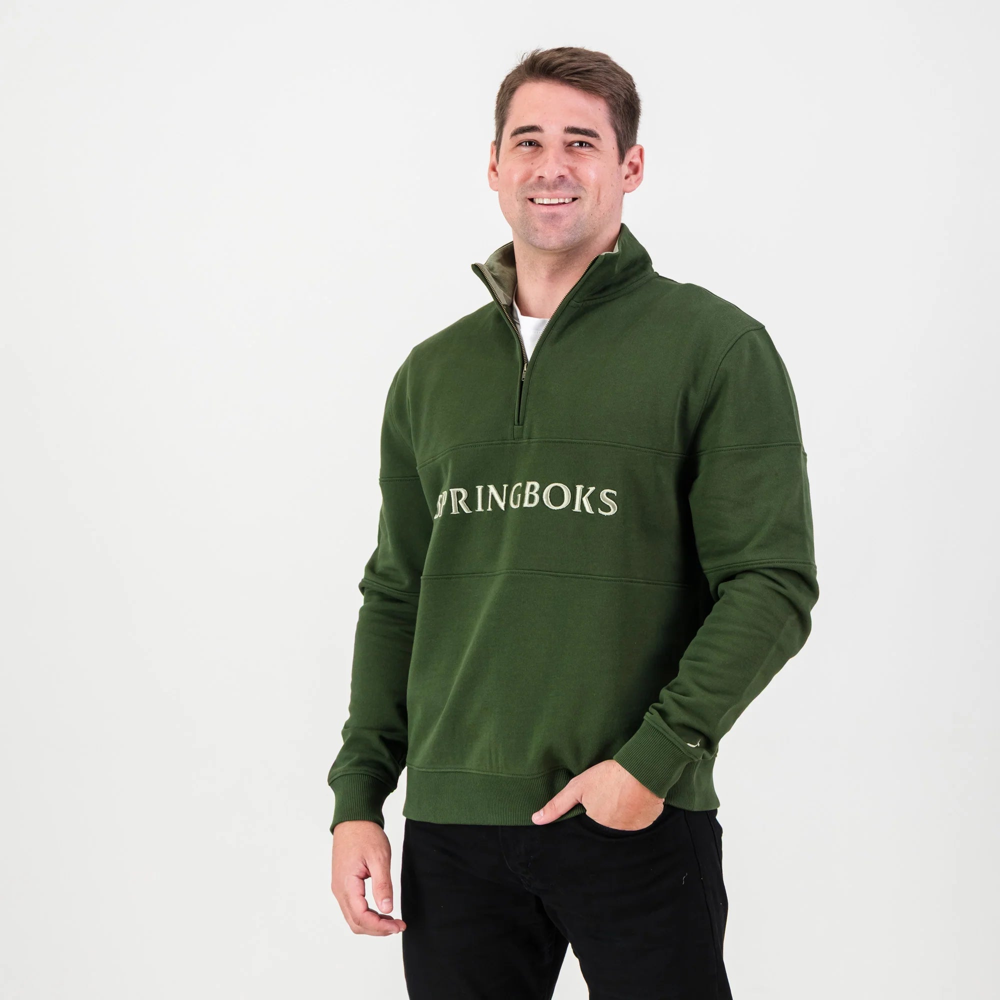 Springboks Word Quarter Zip Sweat - Military Olive - Old School
