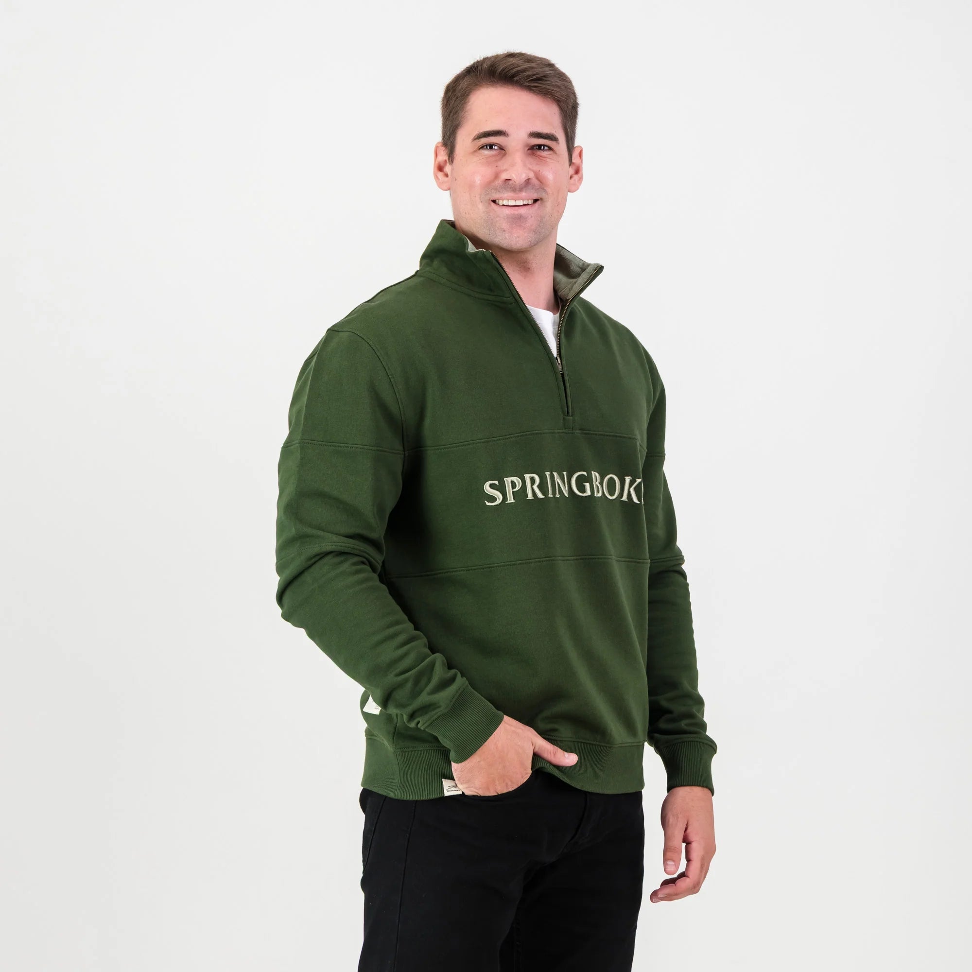 Springboks Word Quarter Zip Sweat - Military Olive - Old School