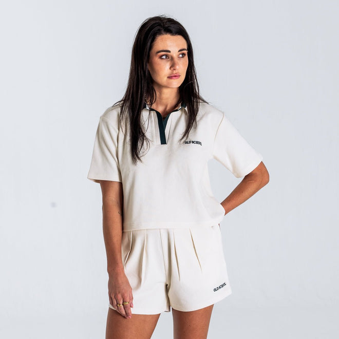 Ladies Cropped Polo - Off White & OS Green - Old School SA